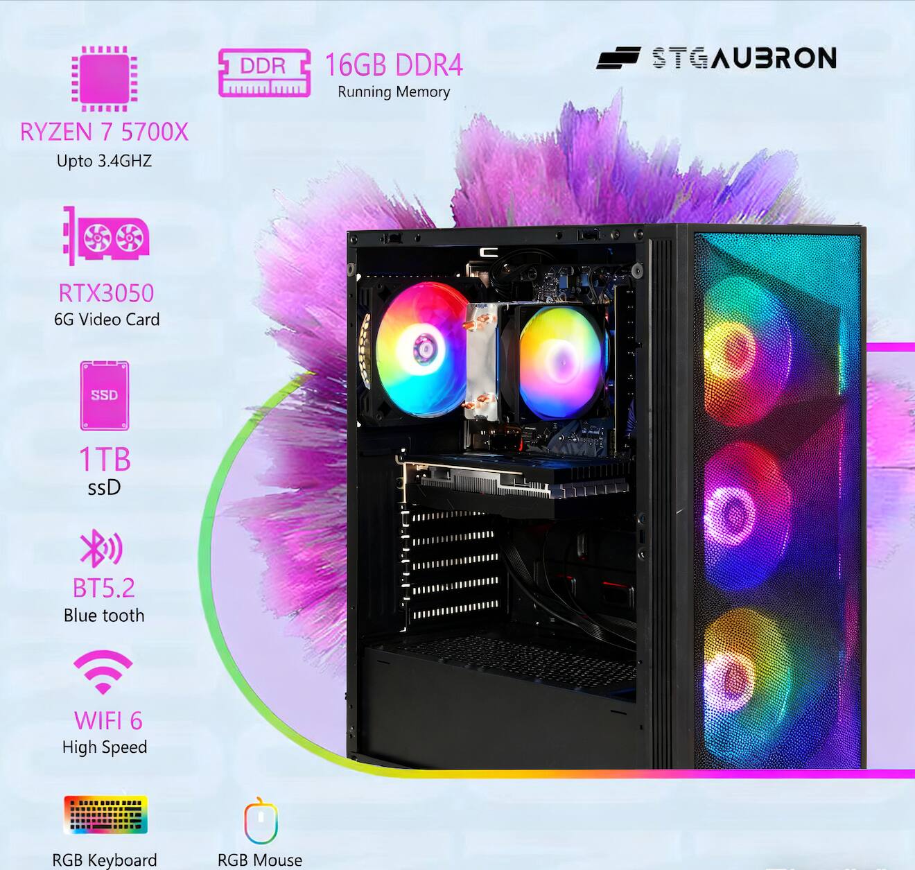 STGAubron Gaming PC Desktop Computer, AMD Ryzen7 5700X up to 4.6