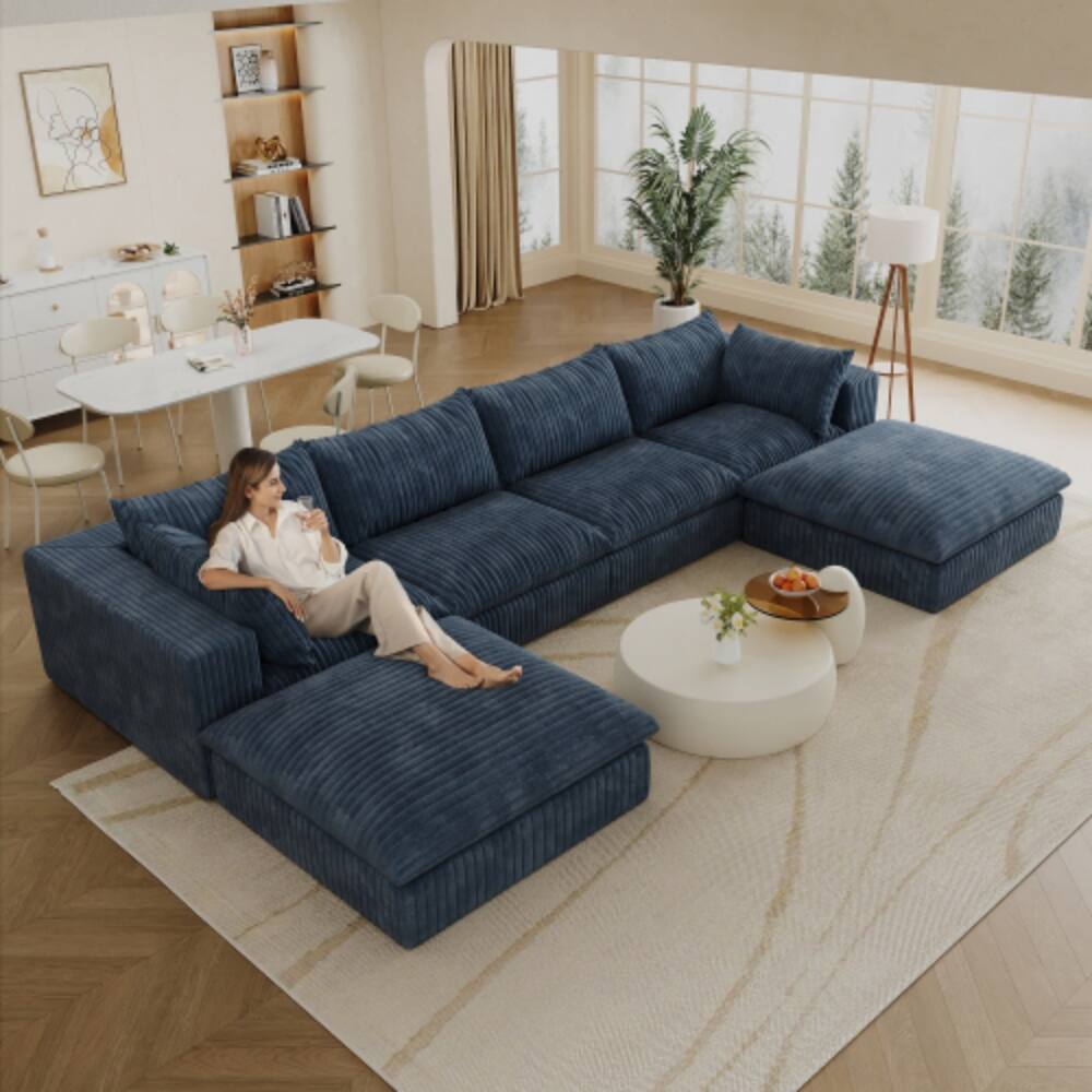 Left. LUCKY ONE - 157.6" Modular Cloud Sofa No Assembly Corduroy Deep Seat Double-Layer Cushion - Blue.