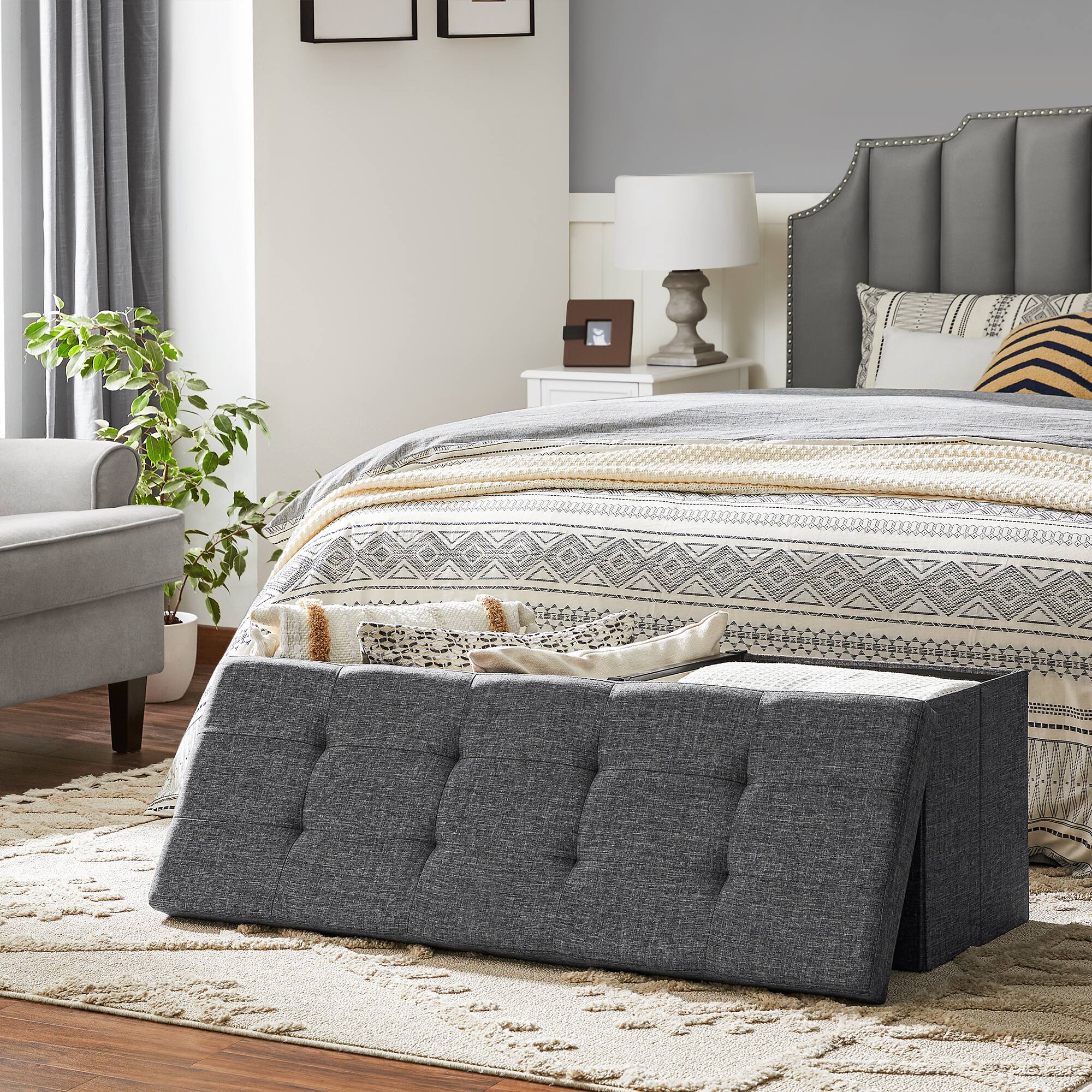 Left. Songmics Home - Storage Ottoman, Foldable Storage Bench, Flipping Lid, for Entryway, Living Room, Bedroom - Slate Gray.