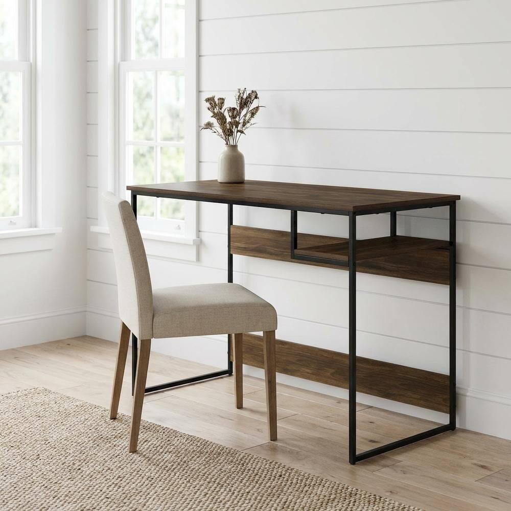 Angle. BisonOffice - Wooden Study Desk, Columbia Walnut Finish, Spacious Work Surface, Sturdy Build - Columbia Walnut.
