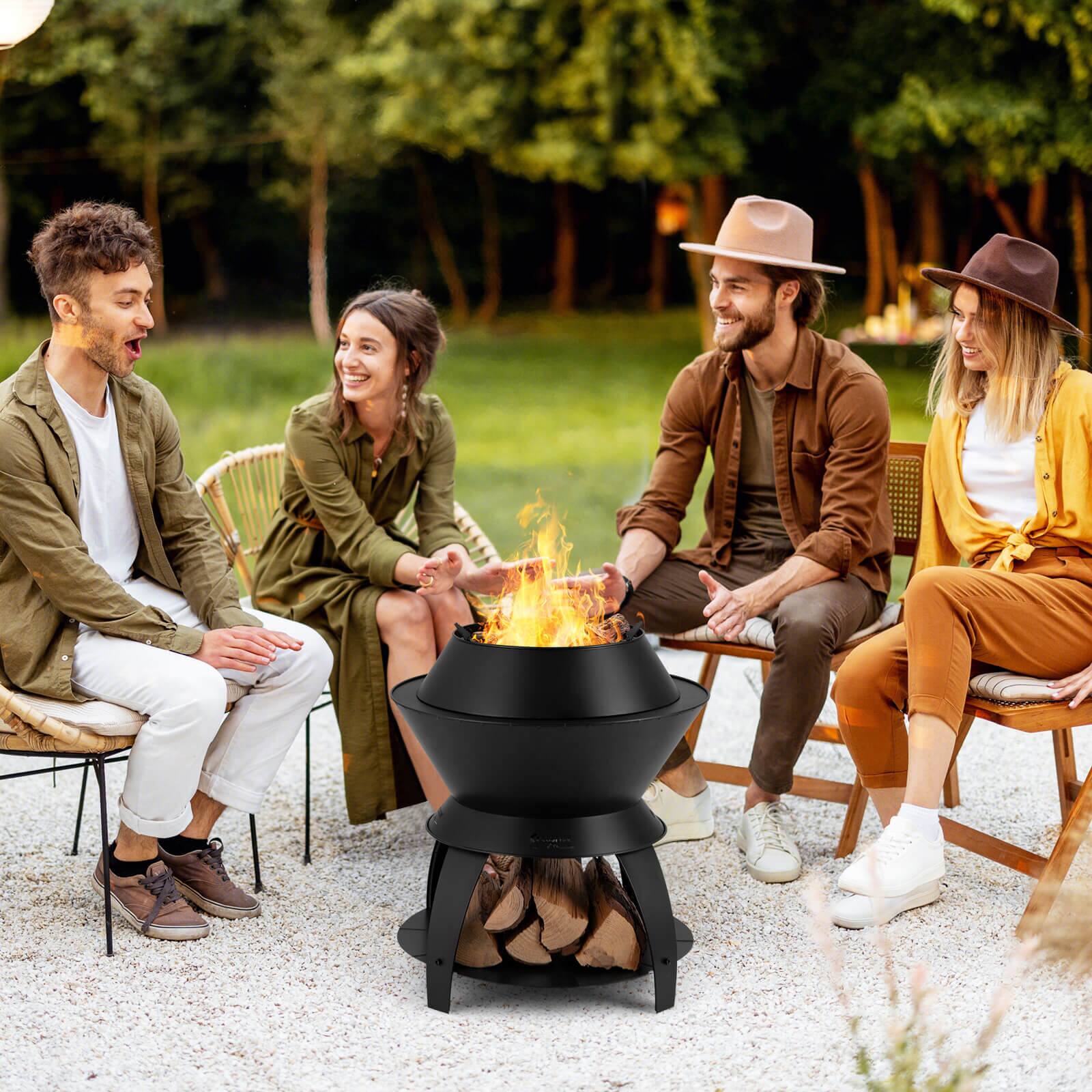 Alt View 12. Costway - 3-in-1 Patio Fire Pit 20" Metal Camping Fire Bowl w/ Pot Holder & Storage Shelf - Black.