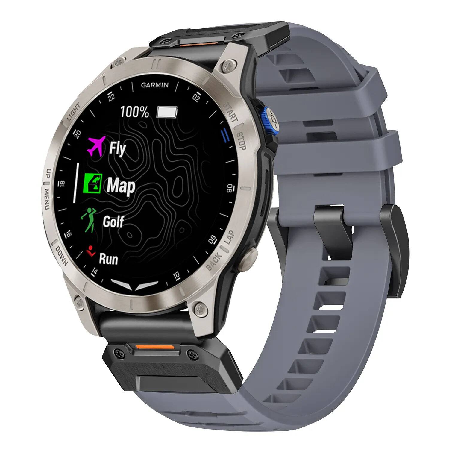 GARMIN 22 LIGHT 100% 20 Fly UP 1 4 Map 1 MENU Golf DOWN Run 14 10 oz START STOP I 06 08 LAP - BACK