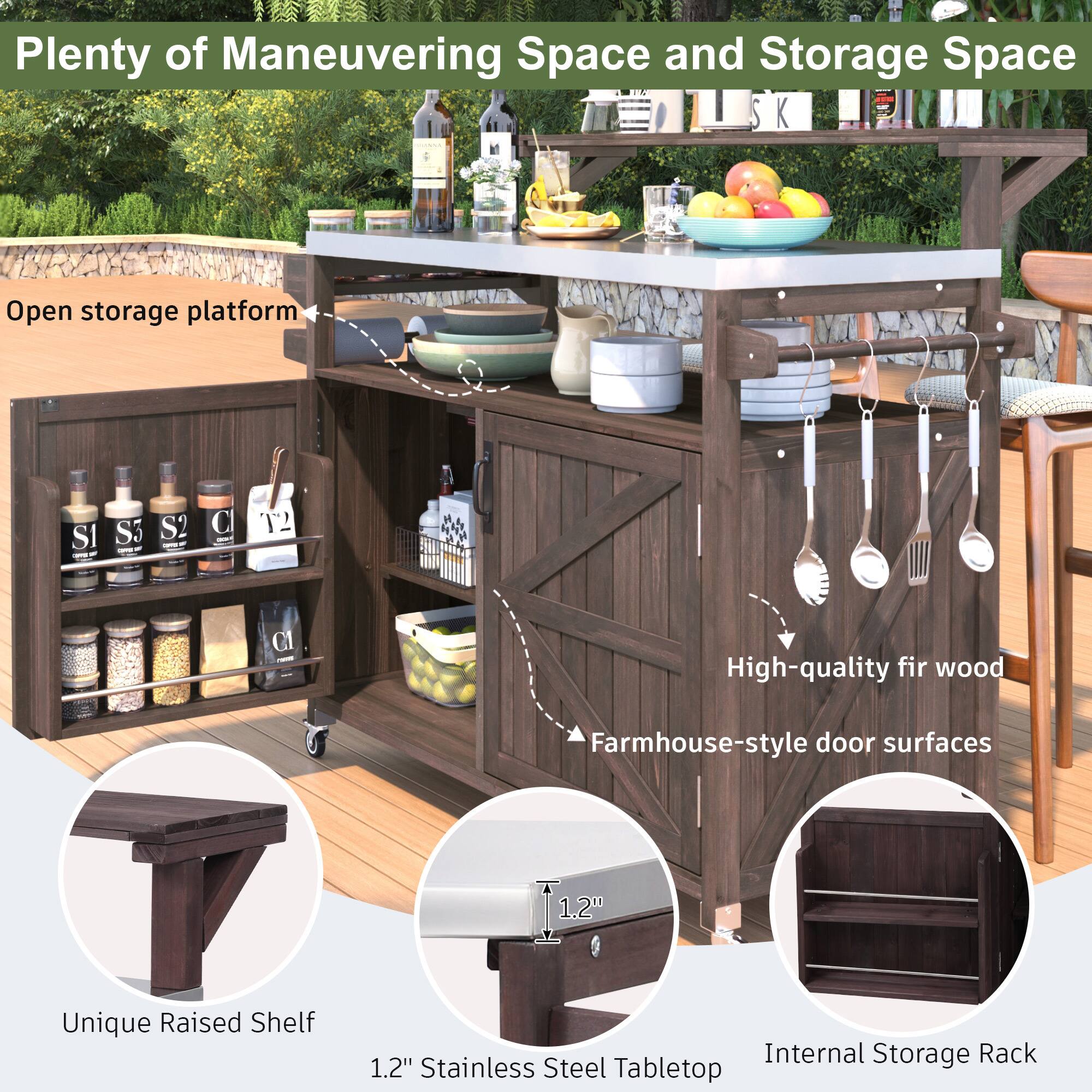 Plenty of Maneuvering Space and Storage Space

- Open storage platform
- High-quality fir wood
- Farmhouse-style door surfaces
- Unique Raised Shelf
- 1.2" Stainless Steel Tabletop
- Internal Storage Rack