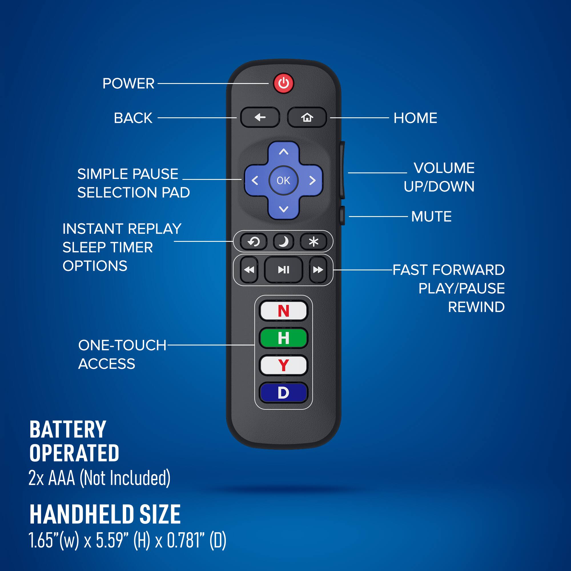 POWER BACK HOME  
SIMPLE PAUSE SELECTION PAD  
VOLUME UP/DOWN  
INSTANT REPLAY SLEEP TIMER OPTIONS  
ONE-TOUCH ACCESS  
MUTE FAST FORWARD PLAY/PAUSE REWIND  
BATTERY OPERATED 2x AAA (Not Included)  
HANDHELD SIZE 1.65" (w) x 5.59" (H) x 0.781" (D)