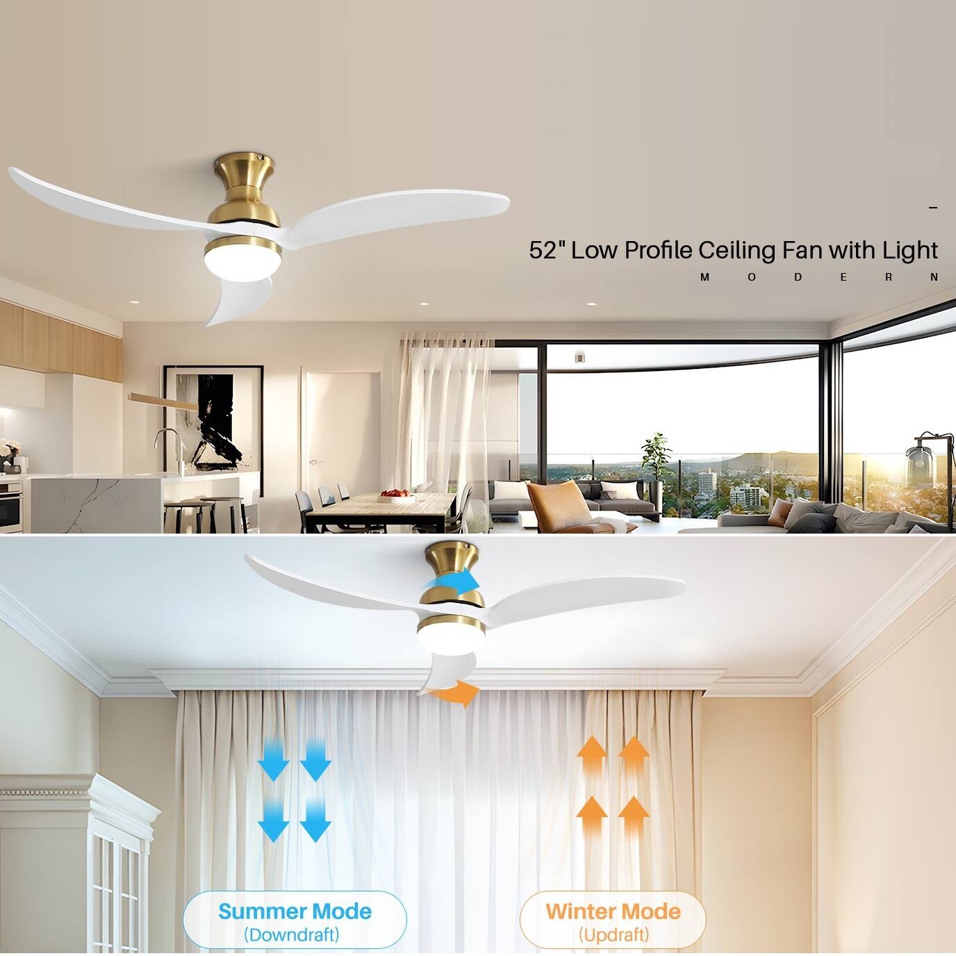 52" Low Profile Ceiling Fan with Light  
M O D E R N  

Summer Mode (Downdraft)  
Winter Mode (Updraft)