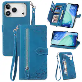 Dteck - for Apple iPhone 17 Pro Wallet Case,Folio Shockproof PU Leather Card Holder Cover with Zipper Pocket & Wrist Strap - Blue