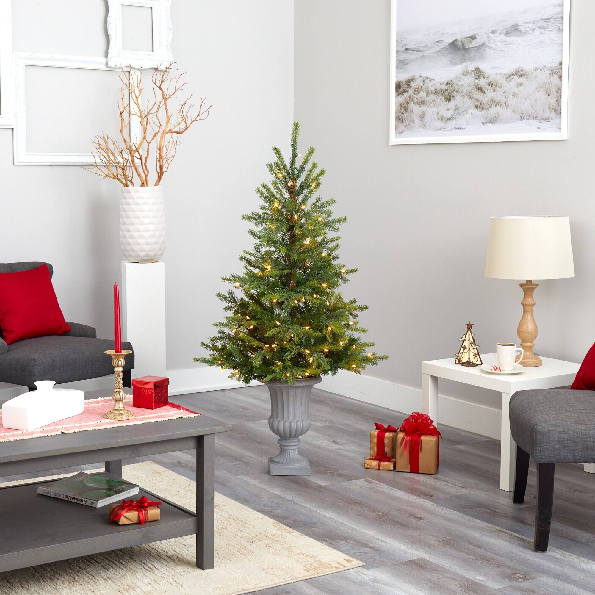 Left. BreeBe - 56" North Carolina Spruce Xmas Tree w/100 LEDs in Urn - Multicolor.