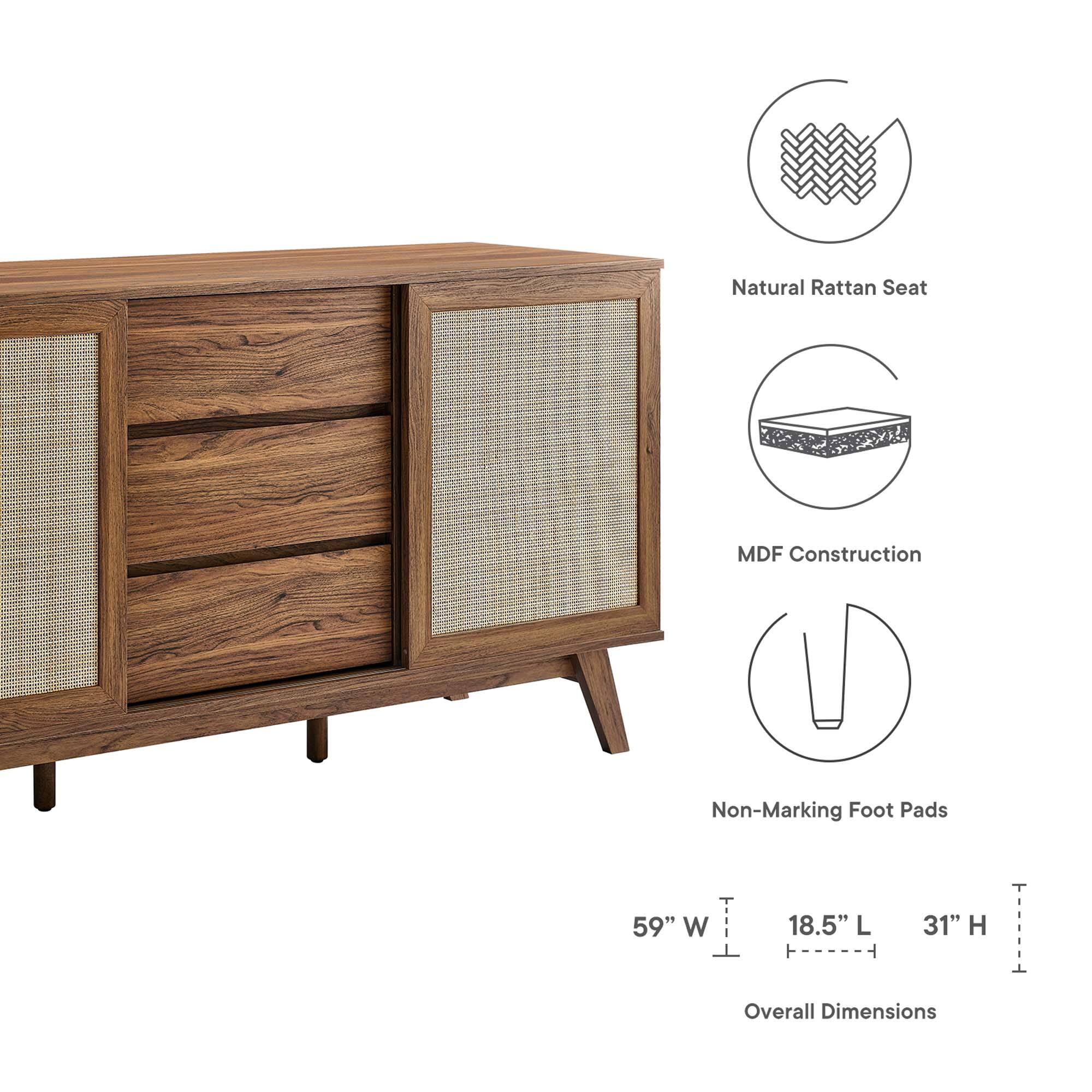 Natural Rattan Seat  
MDF Construction  
Non-Marking Foot Pads  

Overall Dimensions:  
59" W x 18.5" L x 31" H