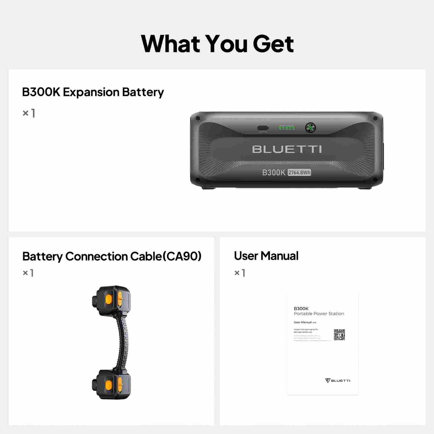 What You Get

- B300K Expansion Battery x 1
- DEELL BLUETTI B300K 27648Wh Battery Connection Cable(CA90) x 1
- User Manual x 1

B300K Portable Power Station User Manual - BLUE