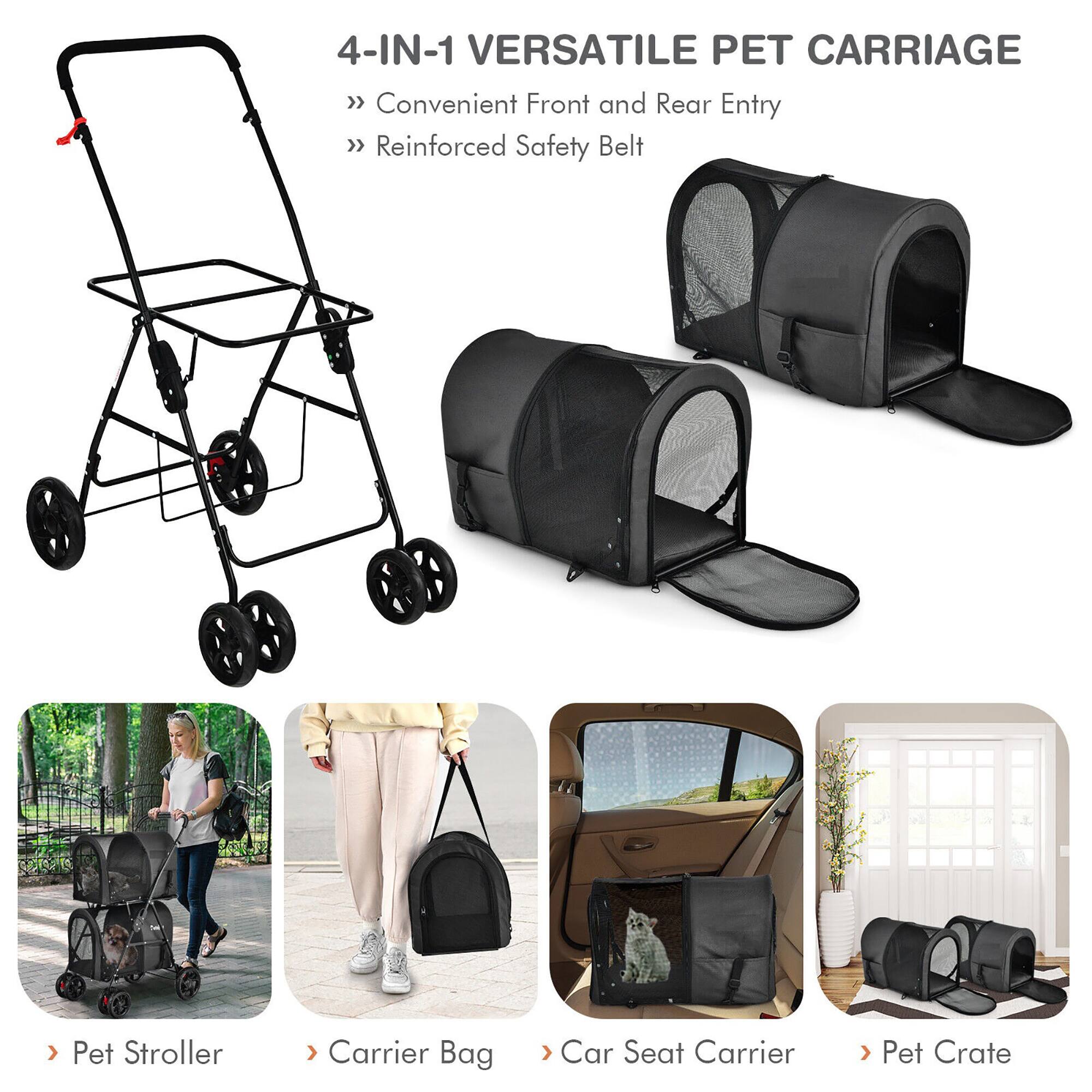 4-IN-1 VERSATILE PET CARRIAGE

- Convenient Front and Rear Entry
- Reinforced Safety Belt

Pet Stroller  
Carrier Bag  
Car Seat Carrier  
Pet Crate