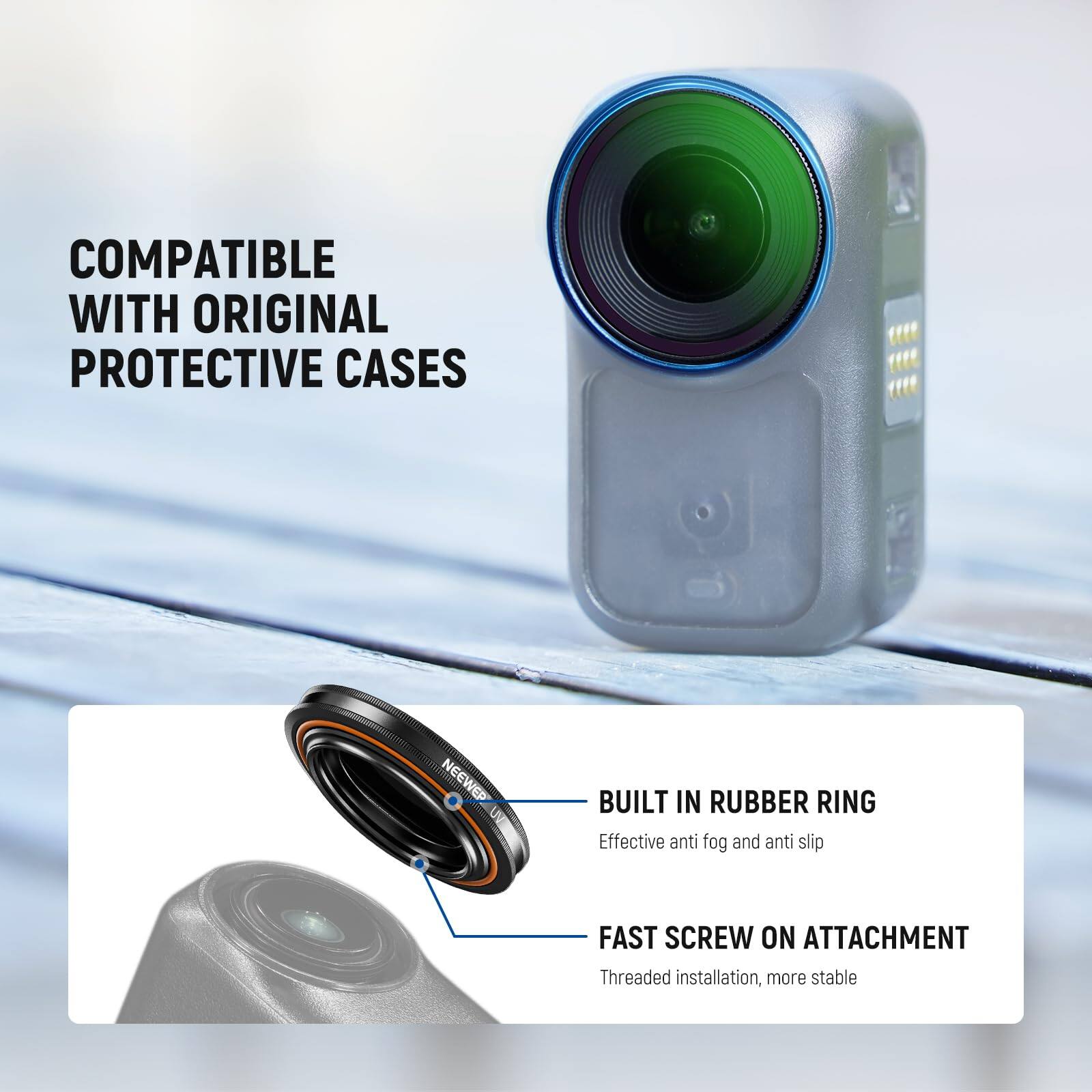 COMPATIBLE WITH ORIGINAL PROTECTIVE CASES

BUILT IN RUBBER RING
Effective anti fog and anti slip

FAST SCREW ON ATTACHMENT
Threaded installation, more stable