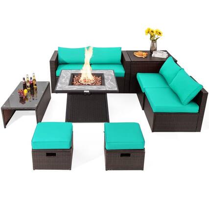 Front. Kadyn - 9 Pcs Patio PE Wicker Sectional Set with 50000 BTU Fire Pit Table-Red, Patio Seating Conversation - Blue.