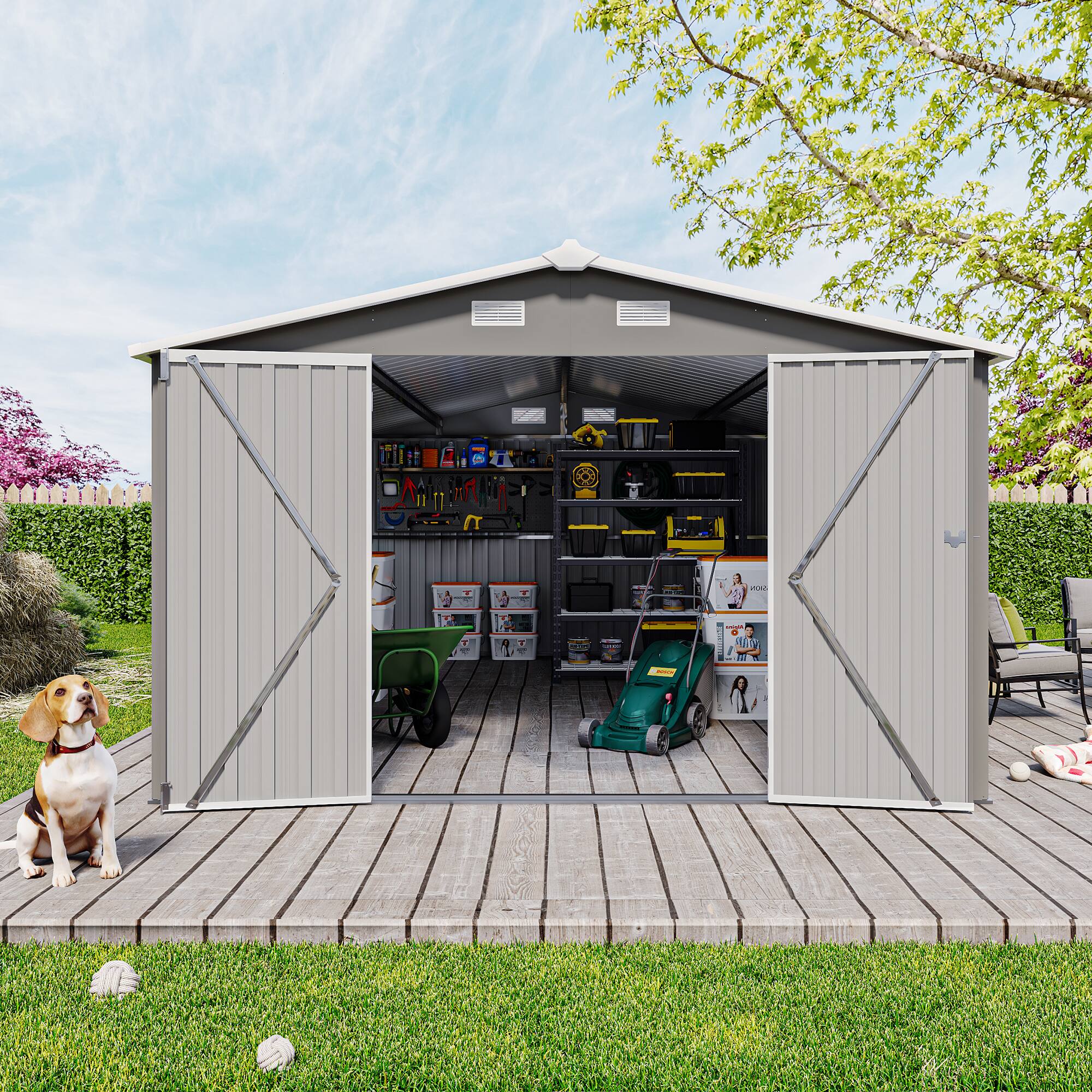 Back. Anysun - Metal Storage Shed with 3 Lockable Doors & 4 Air Vents, Heavy-Duty Outdoor Garden Tool Shed for Backyard - Light Gray.