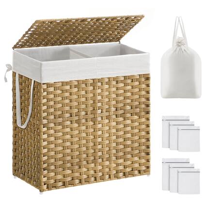 Front. Songmics Home - Laundry Hamper with Lid and 2 Removable Liner Bags, 110L, 6 Mesh Bags, Wicker Laundry Basket, Double Laundry Hamper - Natural.