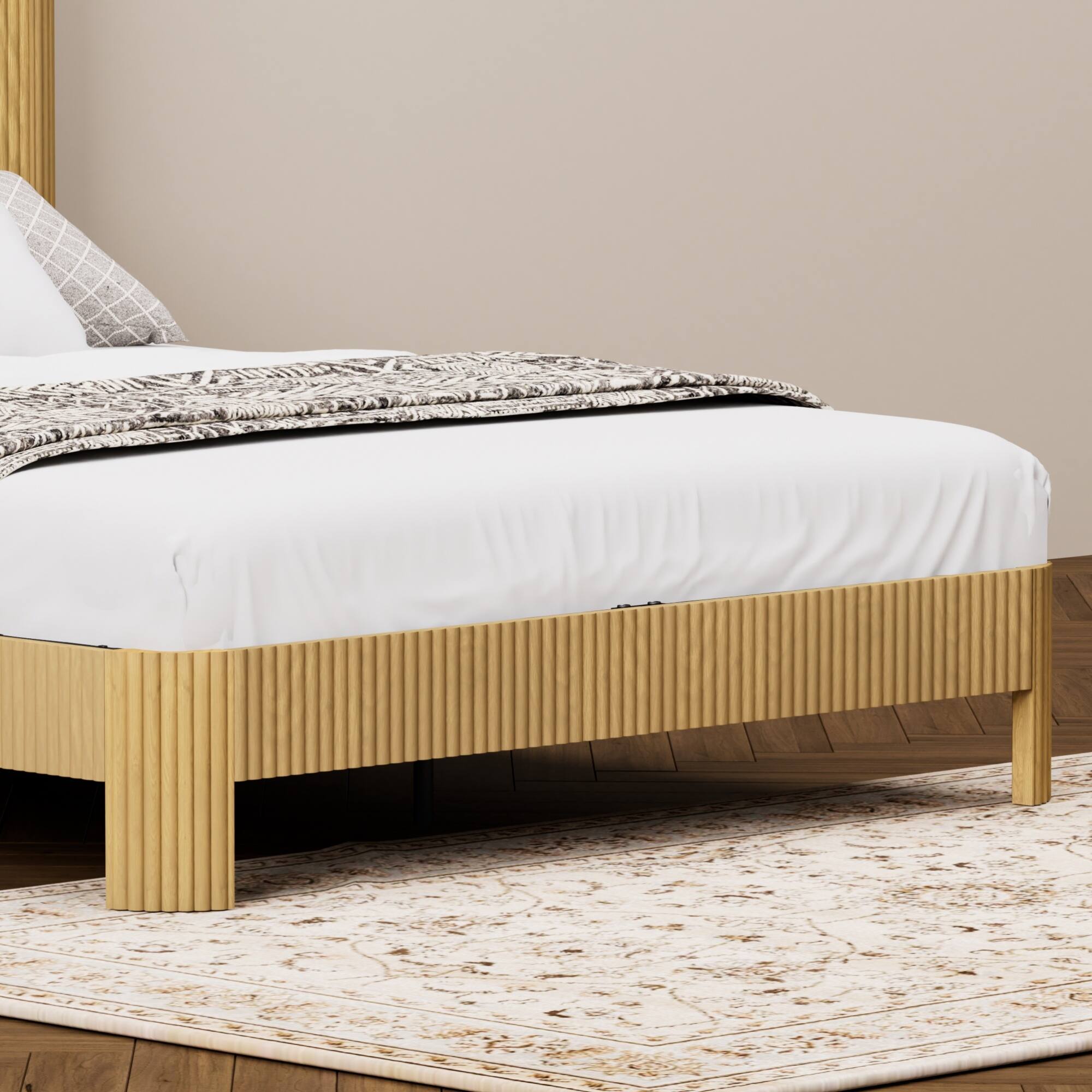 Alt View 9. GOODSILO - Queen Size Storage Bed Frame with Charging Station and Wavy Curved Headboard Design in Natural Finish - Natural.