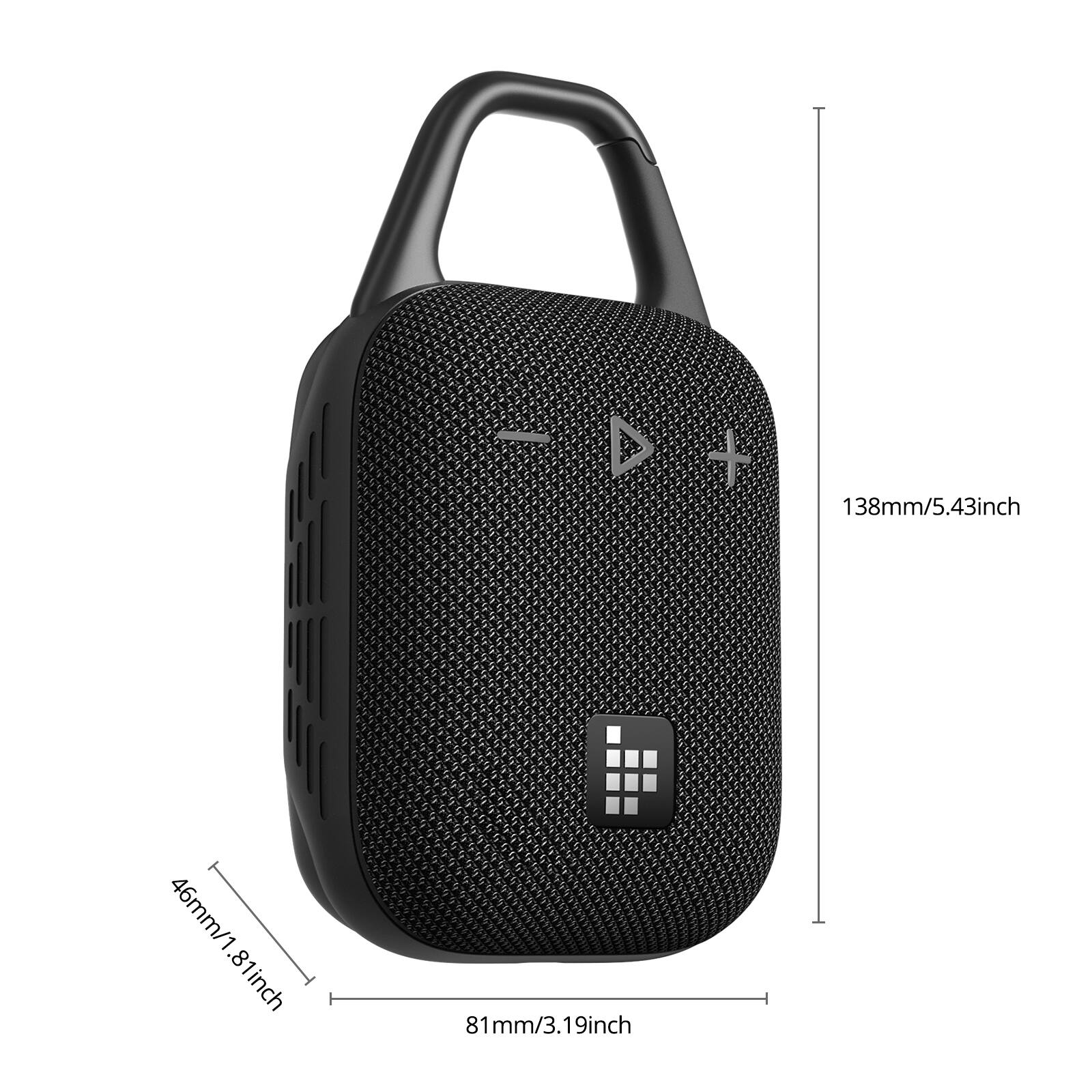 The image shows a black speaker with a blue power button. The speaker measures 46mm/1.81 inches in diameter and 81mm/3.19 inches in height. It is 138mm/5.43 inches in length.