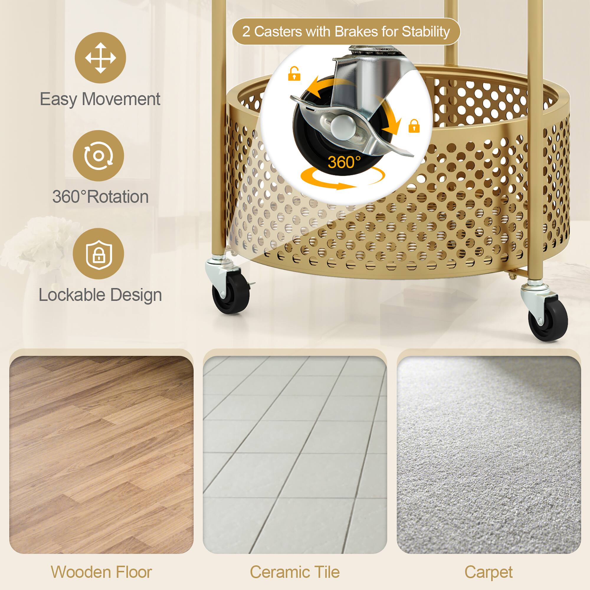 - 2 Casters with Brakes for Stability
- Easy Movement
- 360° Rotation
- Lockable Design
- Wooden Floor
- Ceramic Tile
- Carpet