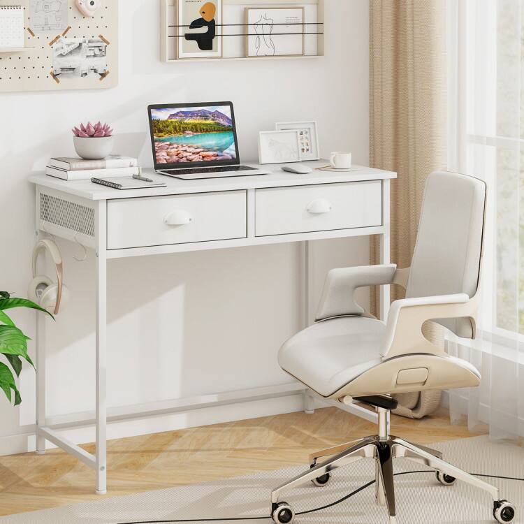 Left. SlickBlue - Home Office Writing Desk with Fabric Drawers and Side Hooks - White.