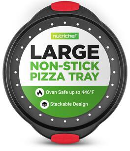 NutriChef - 13-Inch Nonstick Pizza Tray, Round Carbon Steel with Perforated Holes, Silicone Grip Handles (NCBPIZ1)
