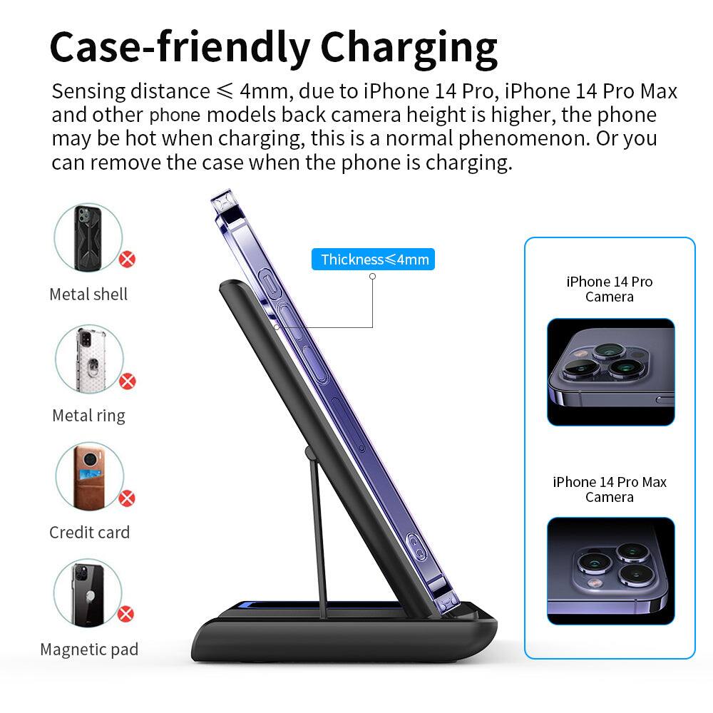 Case-friendly Charging

Sensing distance ≤ 4mm, due to iPhone 14 Pro, iPhone 14 Pro Max and other phone models back camera height is higher, the phone may be hot when charging, this is a normal phenomenon. Or you can remove the case when the phone is charging.

- Metal shell
- Metal ring
- Credit card
- Magnetic pad

Thickness ≤ 4mm

iPhone 14 Pro Camera

iPhone 14 Pro Max Camera