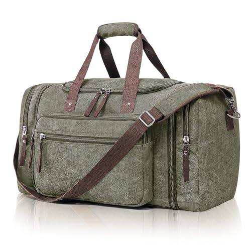 Front. Fabibe - Large Canvas Travel Duffle Bag - Expandable to 67L Durable Weekender for Men & Women Ideal Airplanes Gym and Business... - olive-67L.