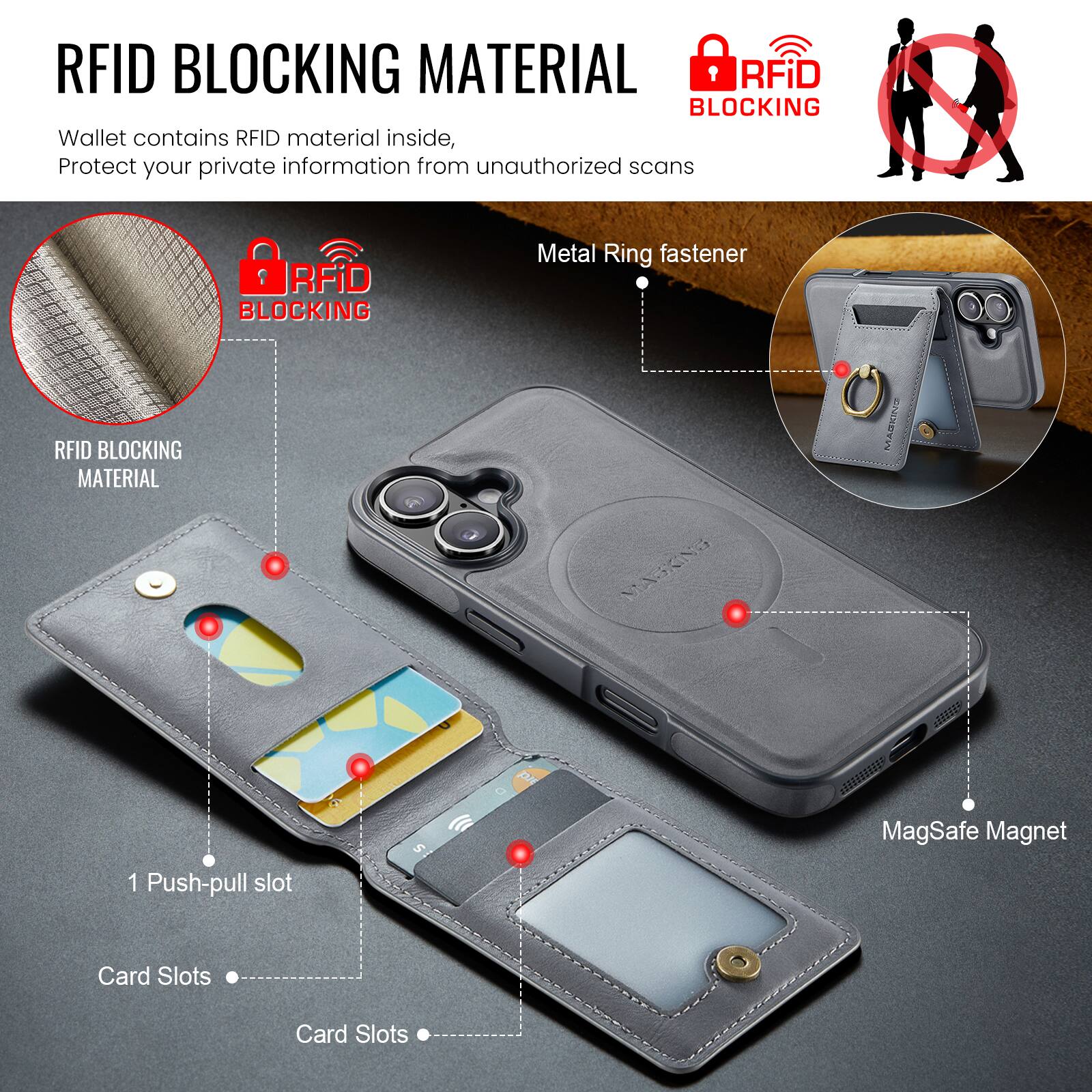 RFID BLOCKING MATERIAL

Wallet contains RFID material inside, Protect your private information from unauthorized scans

RFID BLOCKING MATERIAL

RFID BLOCKING

Metal Ring fastener

1 Push-pull slot

Card Slots

MagSafe Magnet