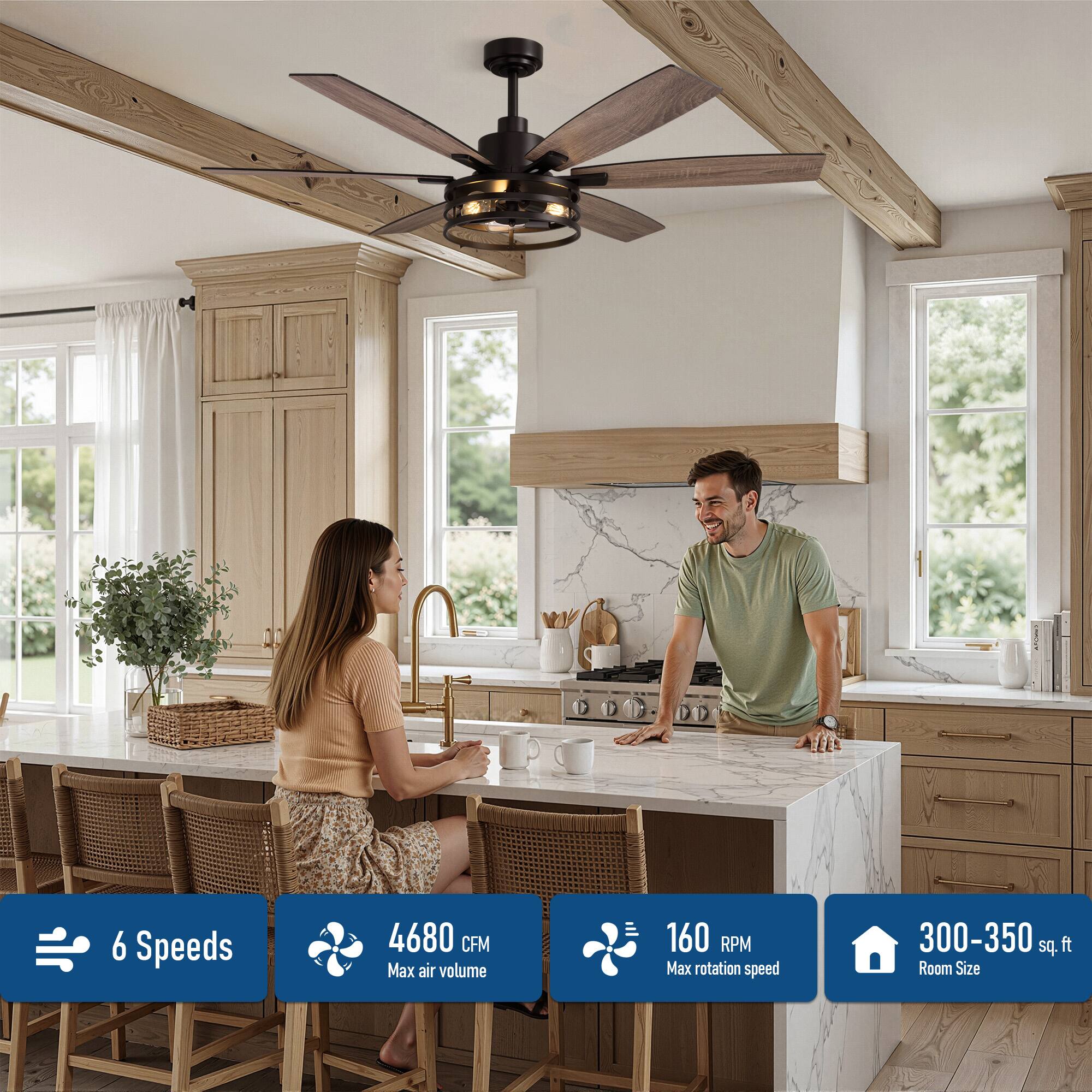 6 Speeds  
4680 CFM Max air volume  
160 RPM Max rotation speed  
300-350 sq. ft Room Size