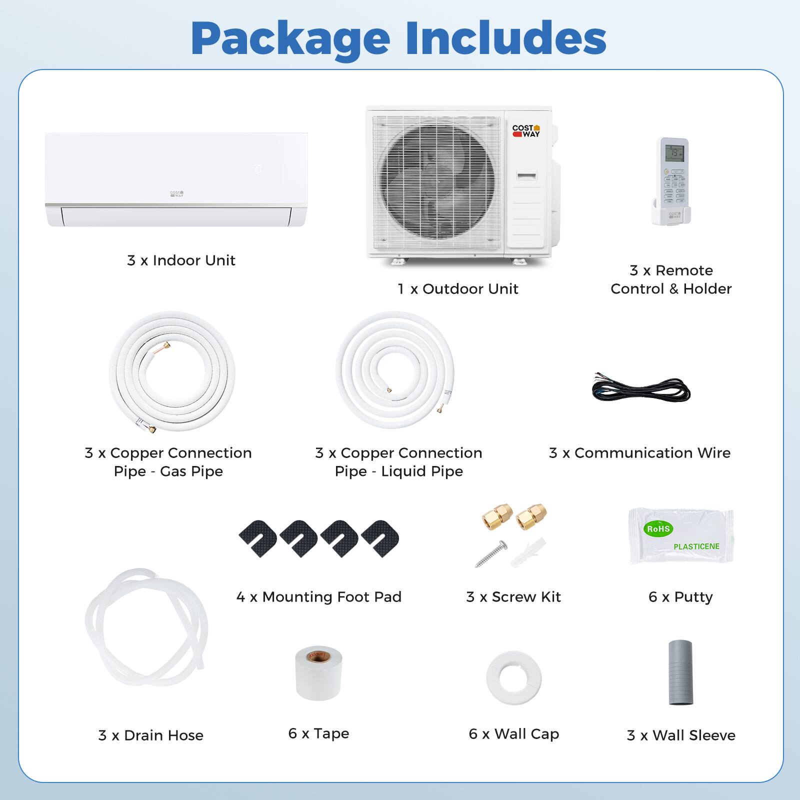 Package Includes

- 3 x Indoor Unit
- 1 x Outdoor Unit
- 3 x Remote Control & Holder
- 3 x Copper Connection Pipe - Gas Pipe
- 3 x Copper Connection Pipe - Liquid Pipe
- 3 x Communication Wire
- 4 x Mounting Foot Pad
- 3 x Screw Kit
- 6 x Putty
- 3 x Drain Hose
- 6 x Tape
- 6 x Wall Cap
- 3 x Wall Sleeve

ROHS PLASTICENE