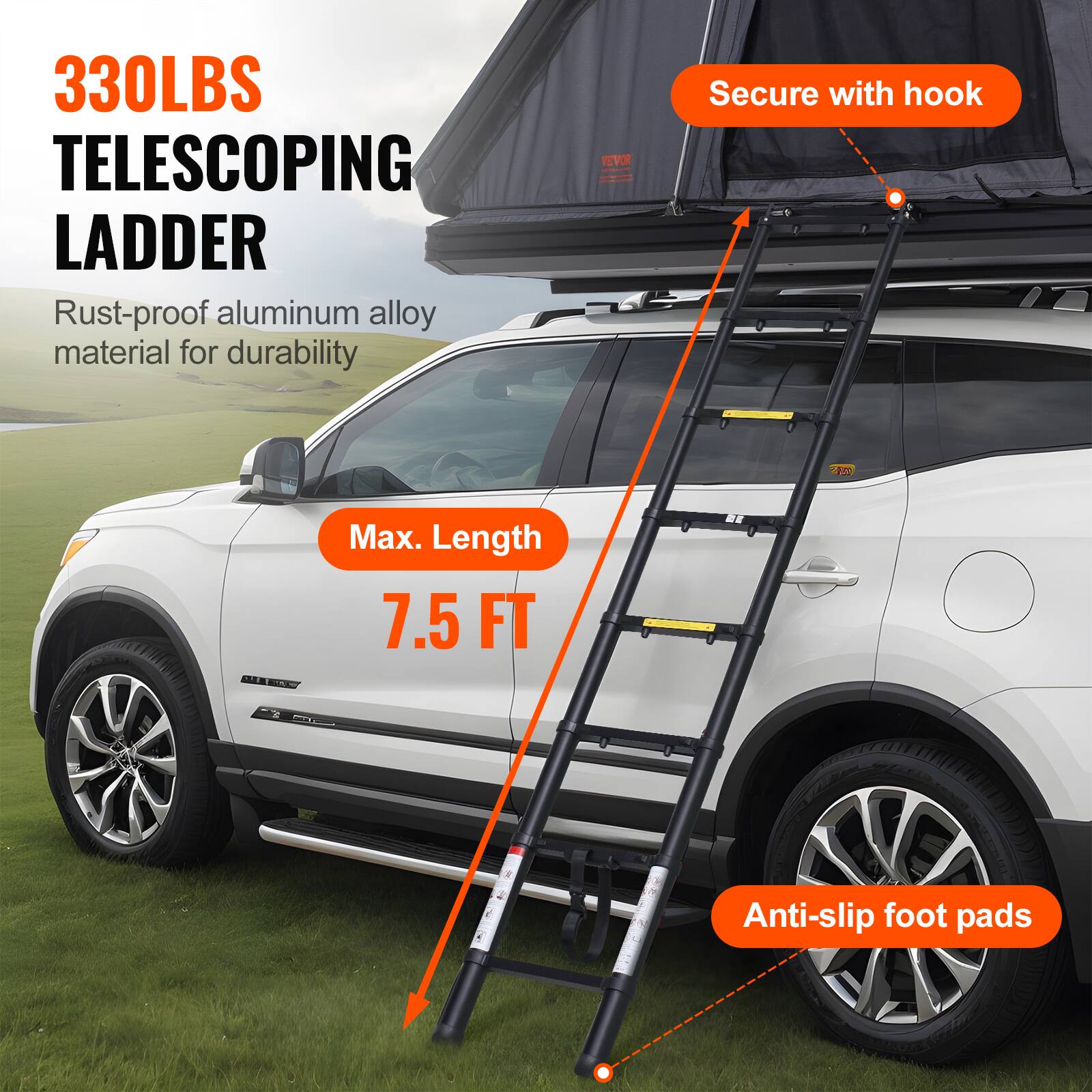 330LBS TELESCOPING LADDER, Rust-proof aluminum alloy material for durability, Secure with hook, Max. Length 7.5 FT, Anti-slip foot pads