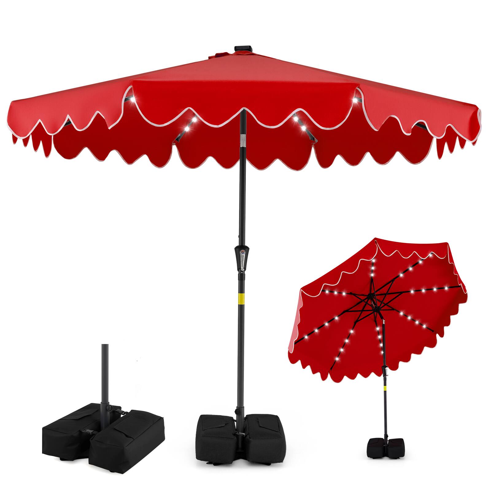Alt View 9. Gymax - Gymax 9 FT Outdoor Patio Umbrella w/32 Solar LED Lights & Weighted Base Sandbags Red - Red.