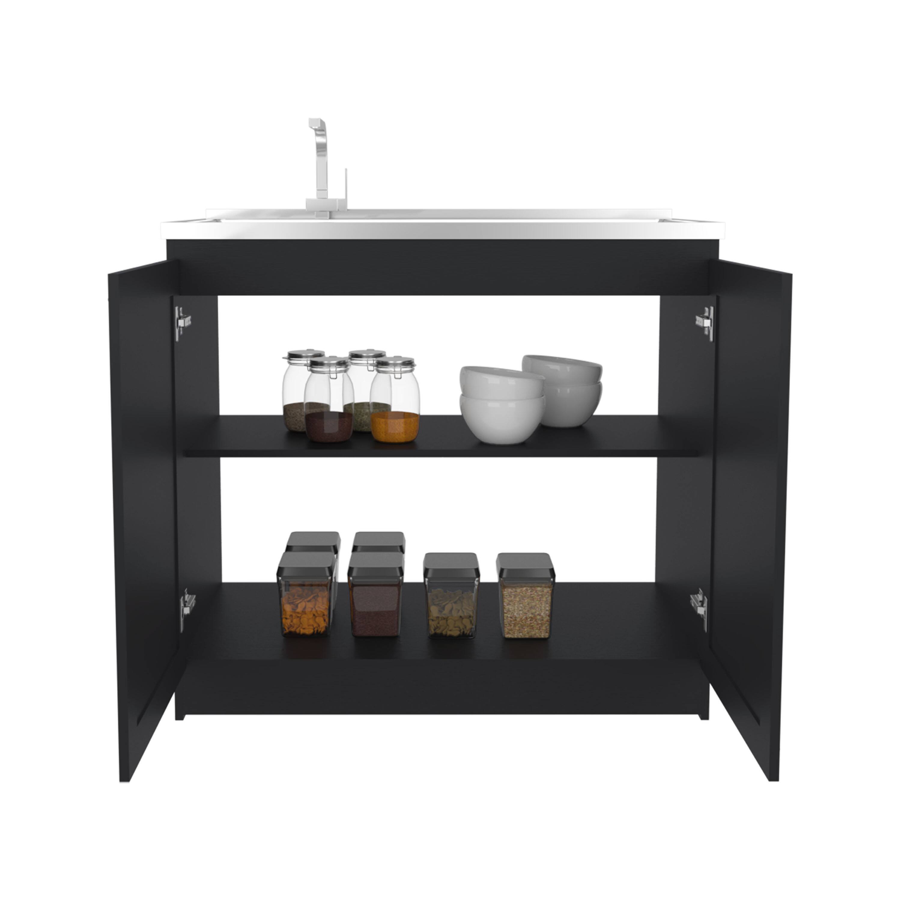 Angle. TuHome - Zurich 39" Wide Utility Sink, Base Cabinet Two-Door Cabinet With Two Shelves, Stainless Steel Sink - Black.