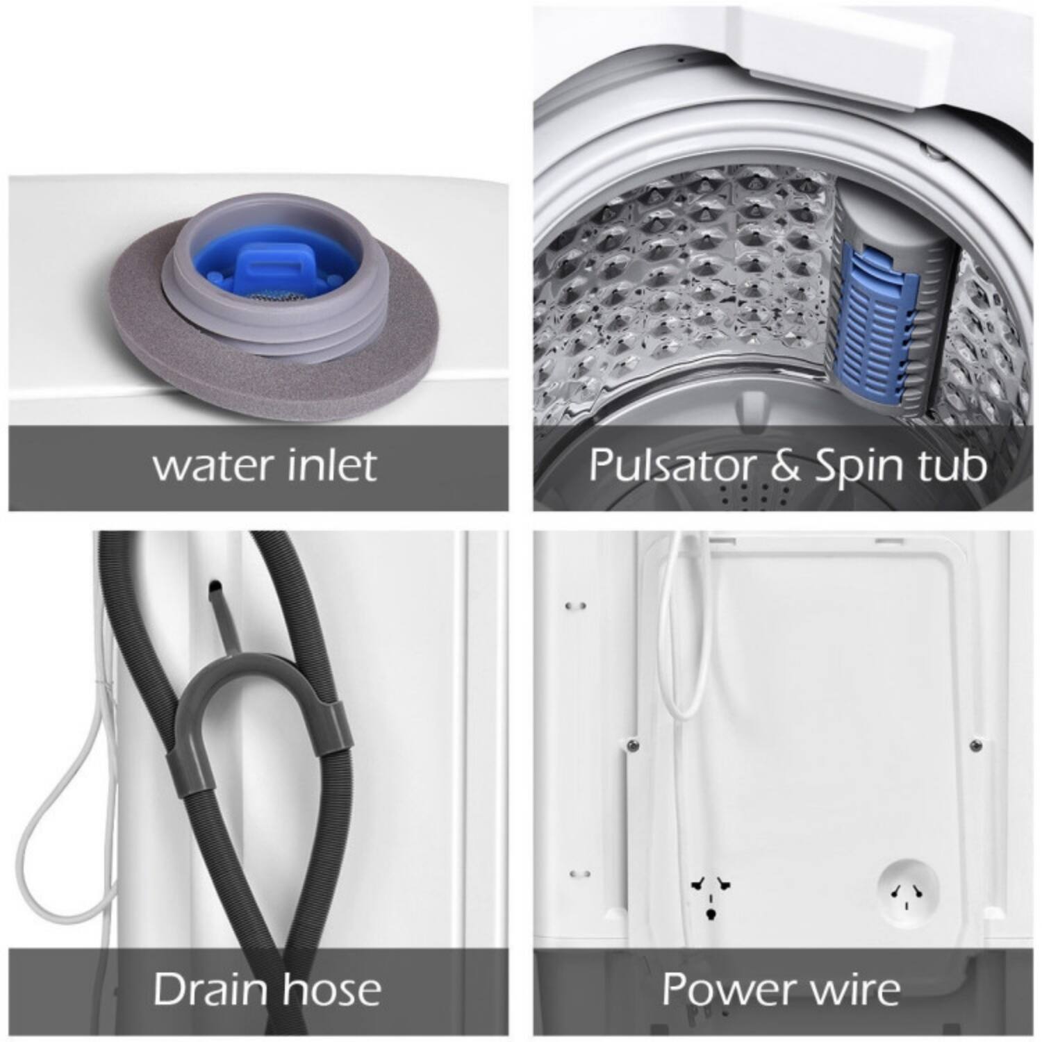 - Water inlet
- Pulsator & Spin tub
- Drain hose
- Power wire