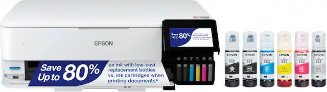 EPSON Save - P - swcoa 80% repllacement bolies Upto FL cartridges when printing dosumenda* SD on ink with low-cost Save replacement bottles Up to 80% vs. ink cartridges documents* when printing.