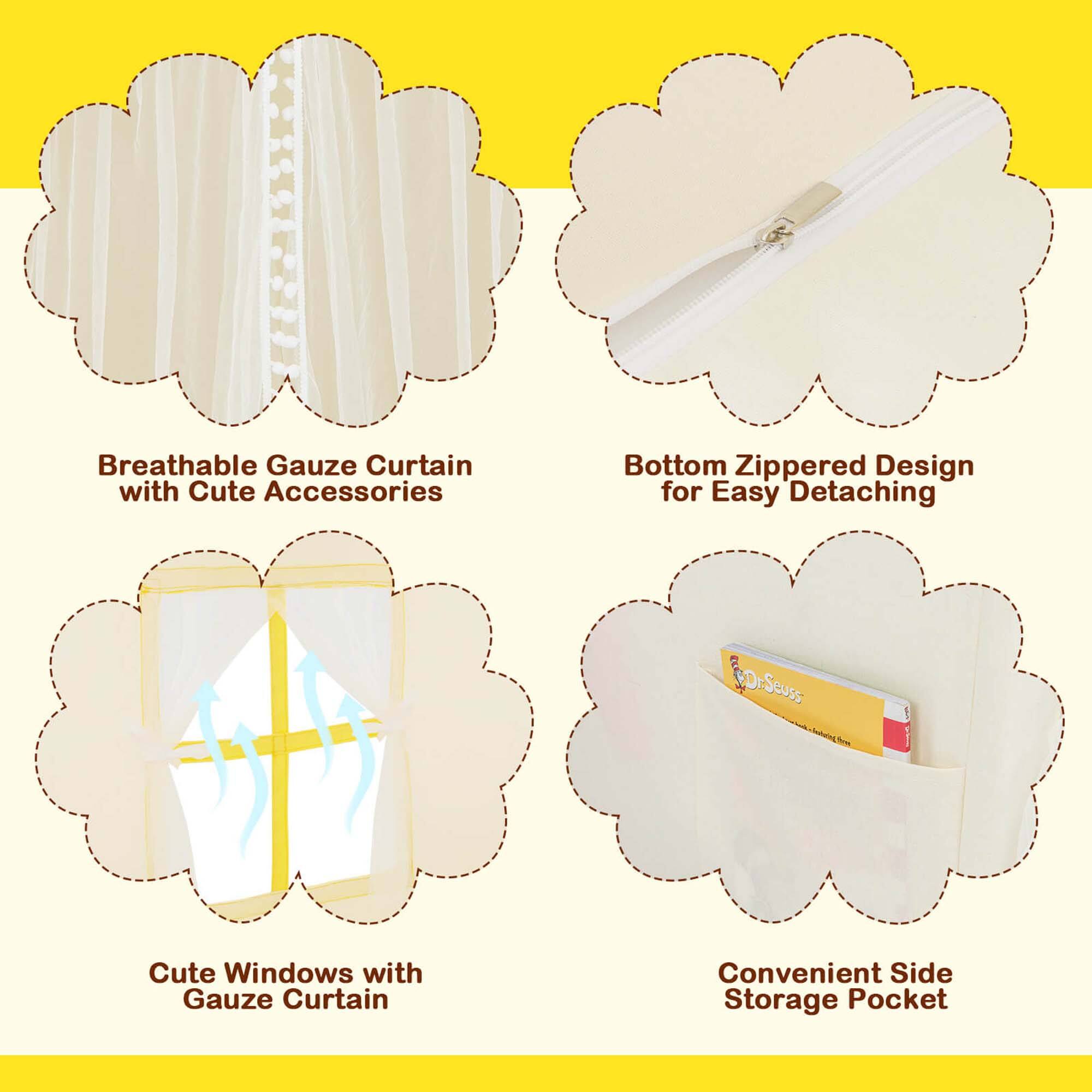 Breathable Gauze Curtain with Cute Accessories, Bottom Zippered Design for Easy Detaching, Cute Windows with Gauze Curtain, Convenient Side Storage Pocket