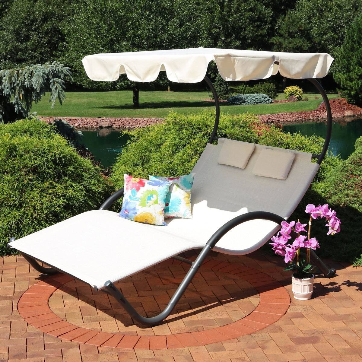 Back. Hivvago - 2 Person Off White Outdoor Patio Chaise Lounger Chair Canopy Bed with Pillows - Off White.
