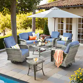 Ovios - 7 PCS Outdoor Patio Furniture High Back Wicker Sofa Set with Swivel Chairs & Coffee Table - Denim Blue