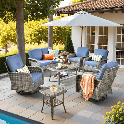 Front. Ovios - 7 PCS Outdoor Patio Furniture High Back Wicker Sofa Set with Swivel Chairs & Coffee Table - Denim Blue.