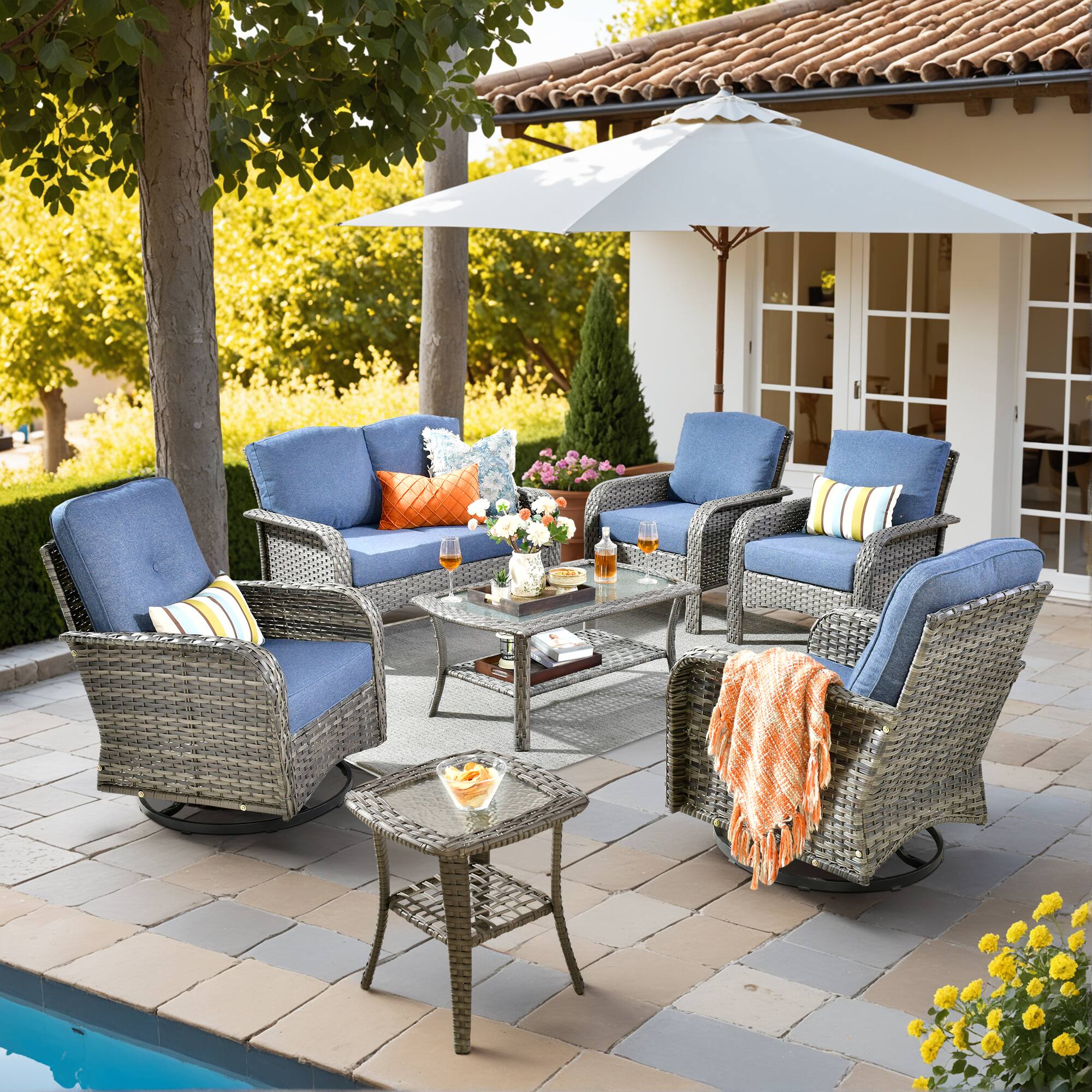 Front. Ovios - 7 PCS Outdoor Patio Furniture High Back Wicker Sofa Set with Swivel Chairs & Coffee Table - Denim Blue.
