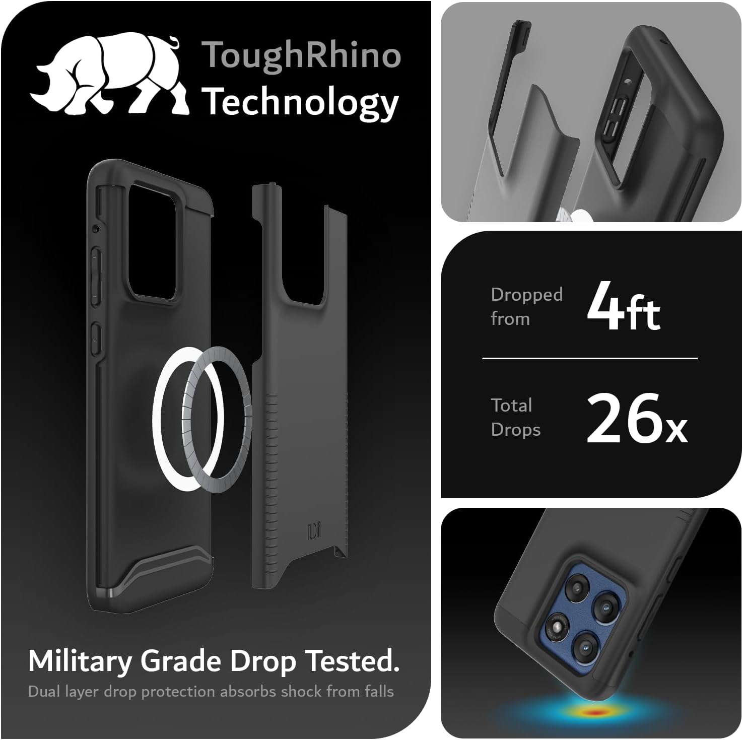 ToughRhino Technology

Dropped from 4ft  
Total Drops 26x

Military Grade Drop Tested.  
Dual layer drop protection absorbs shock from falls