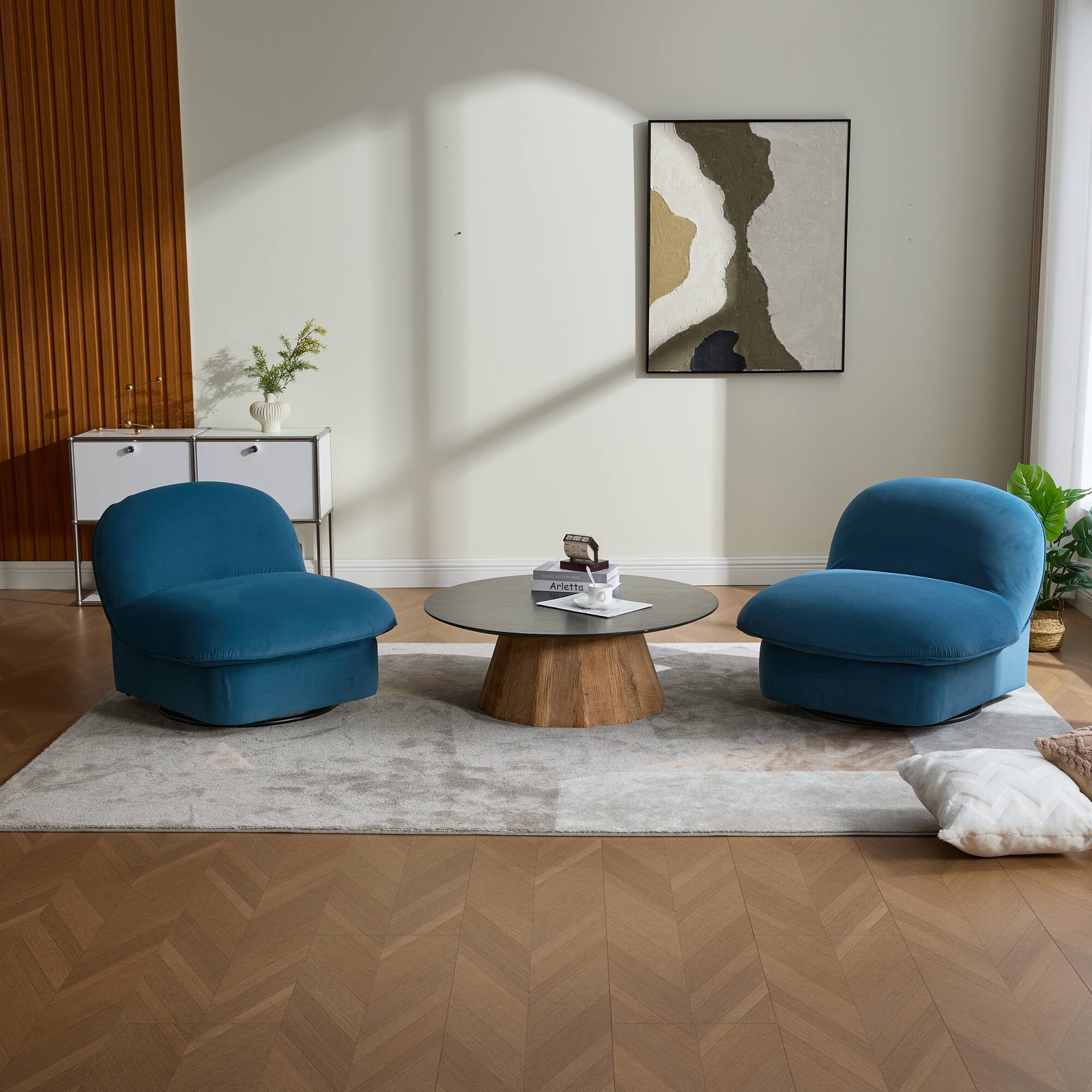 Alt View 7. GOODSILO - Pumpkin-Shaped Velvet Swivel Accent Chair with 360-Degree Rotation for Living Room, Bedroom, or Office - Smoke Blue.