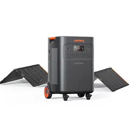 Front. Jackery - Explorer 5000 Plus Portable Power Station (5040Wh) with a 500W Solar Panel for Essential Home Backup and Blackouts.