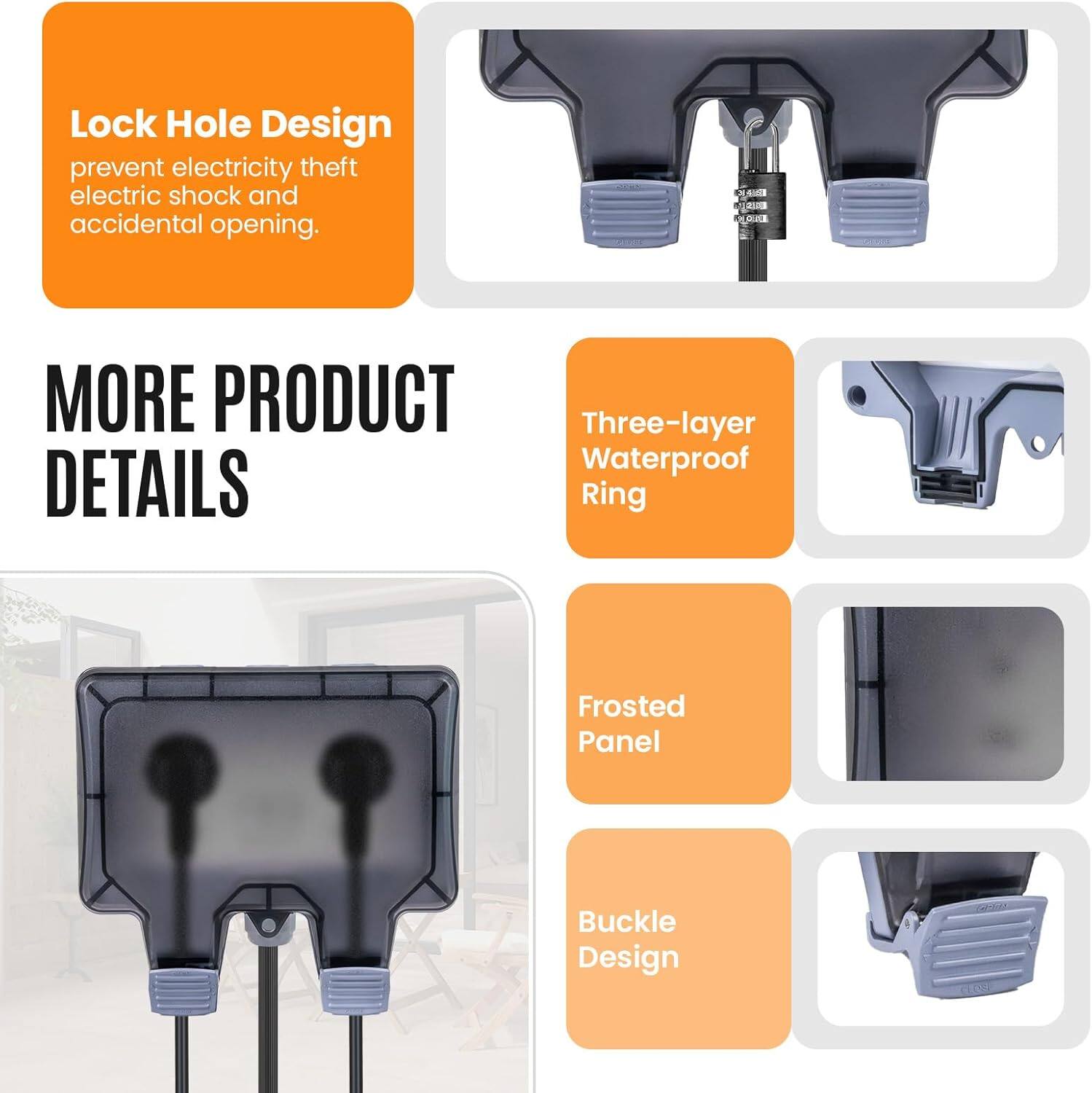 Lock Hole Design  
prevent electricity theft, electric shock and accidental opening.

MORE PRODUCT DETAILS

Three-layer Waterproof Ring

Frosted Panel

Buckle Design