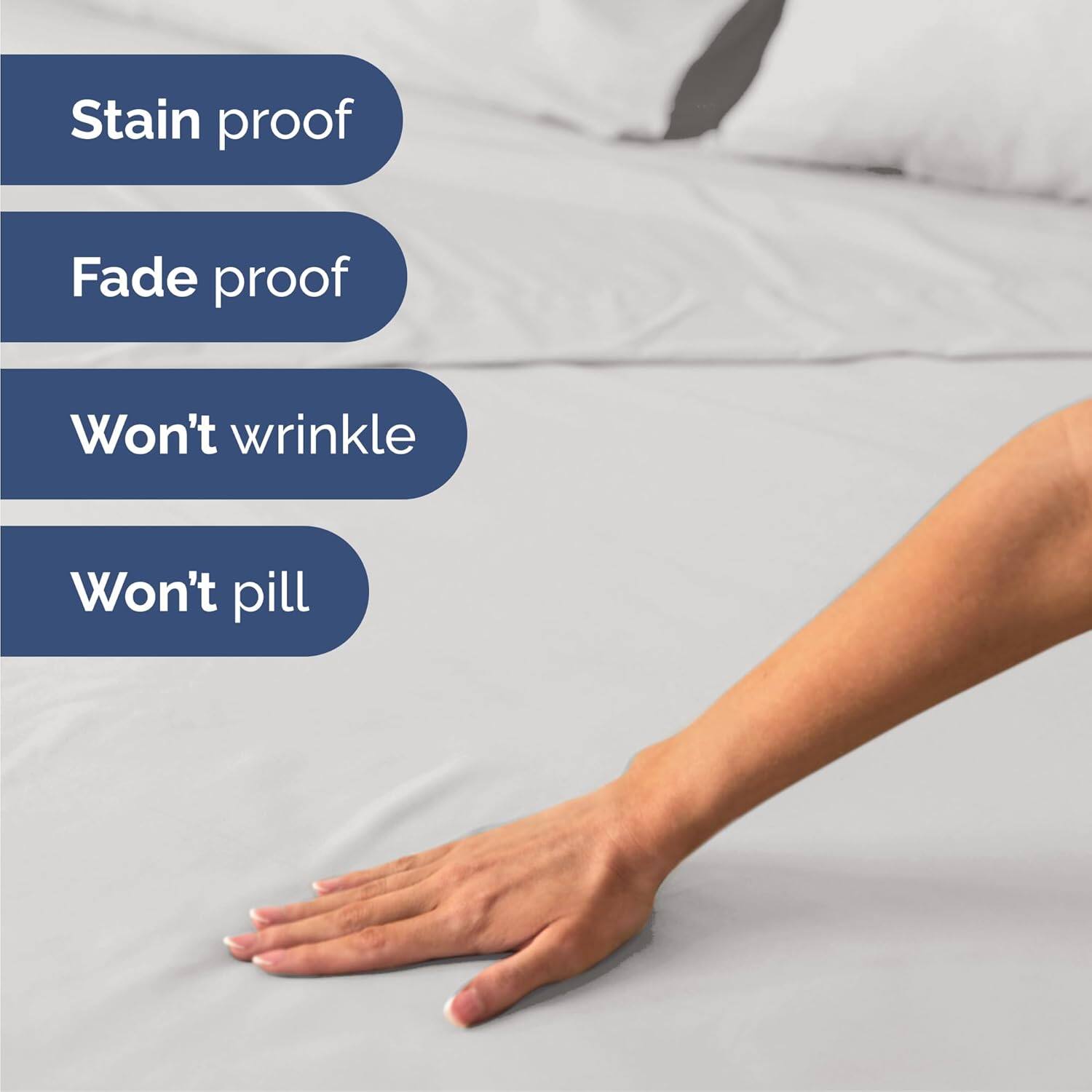 Stain proof  
Fade proof  
Won't wrinkle  
Won't pill