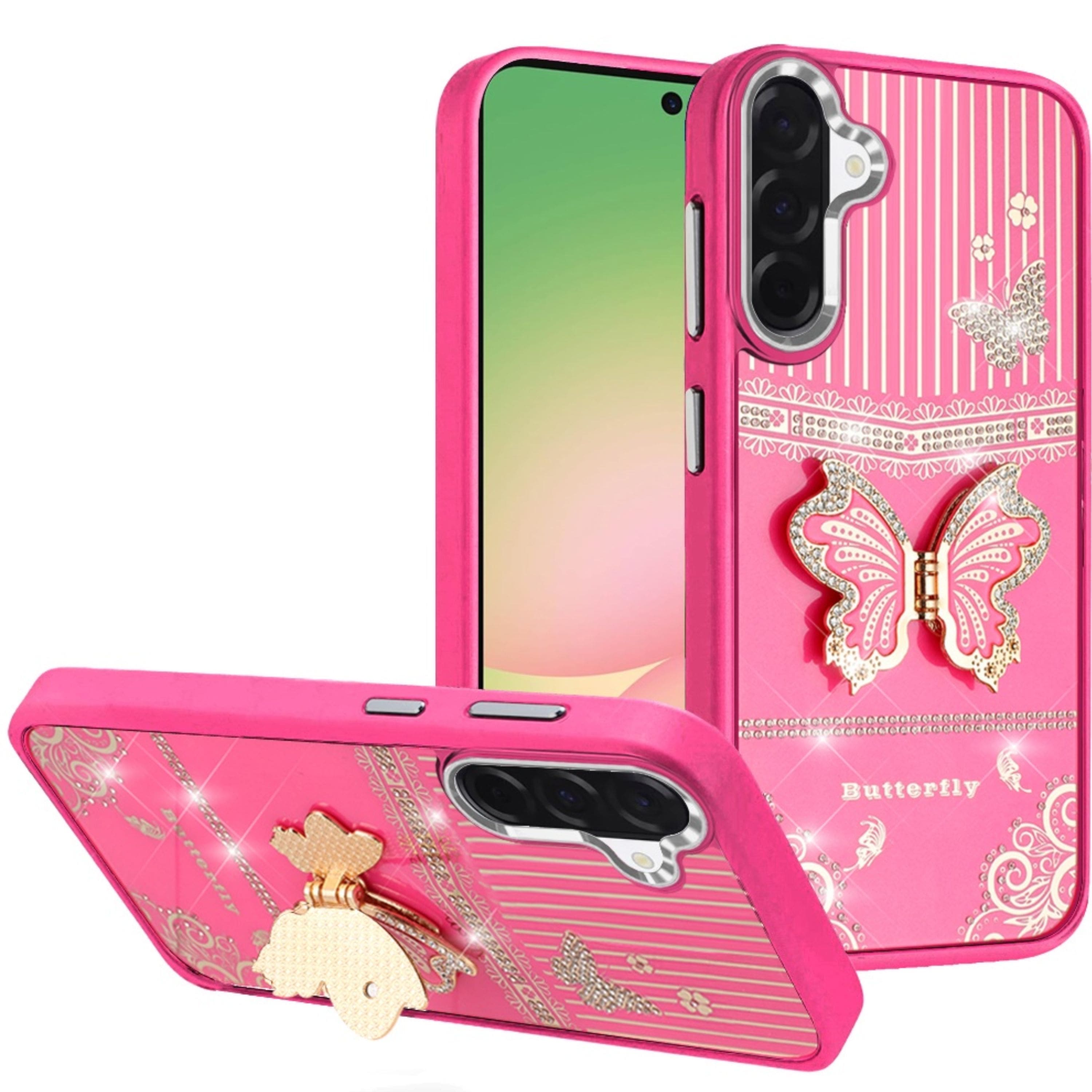 Kitcheniva - 3D Butterfly Bling Charm Stand Phone Case With Tempered Glass For Samsung Galaxy A57 5G - Hot Pink
