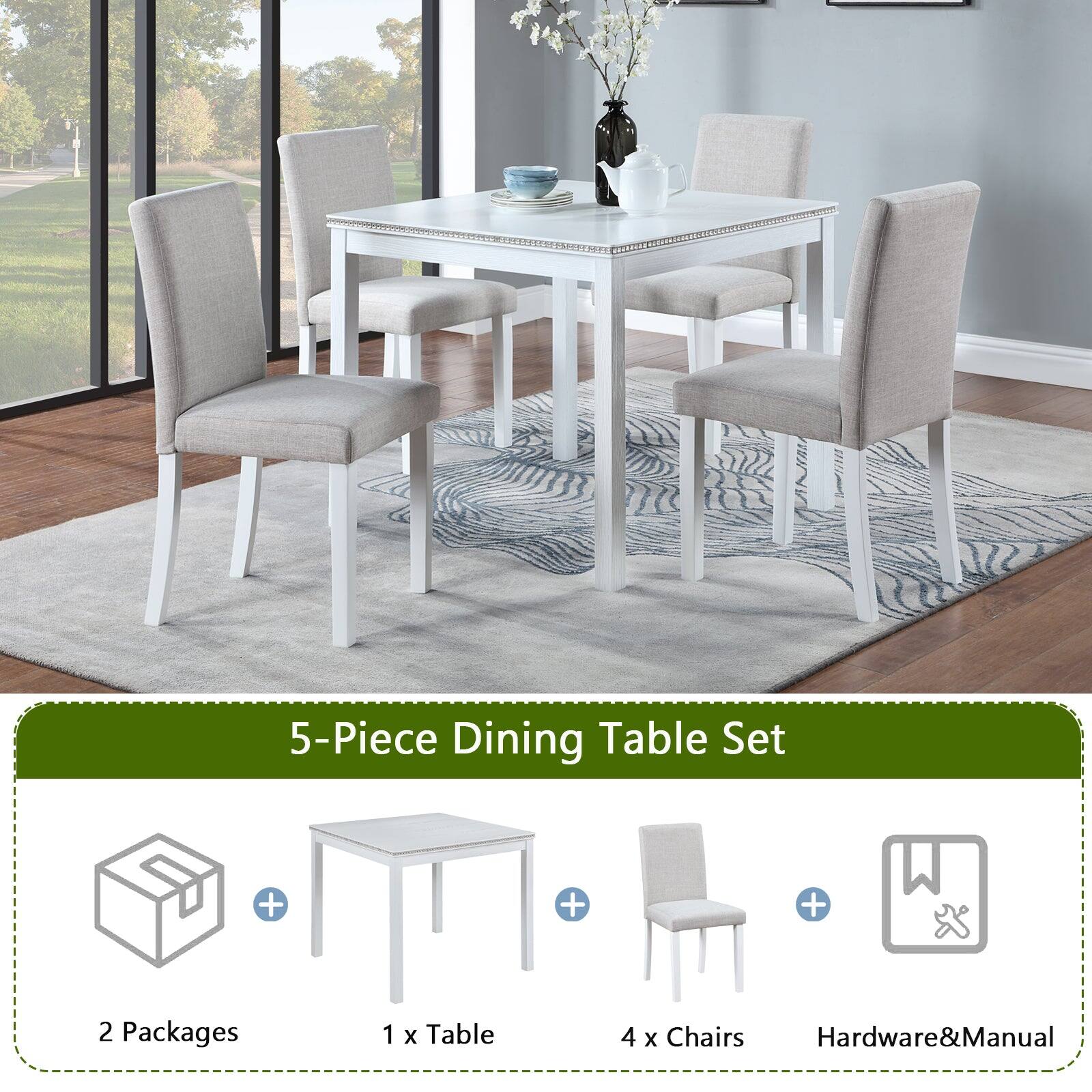 5-Piece Dining Table Set

2 Packages
1 x Table
4 x Chairs
Hardware & Manual