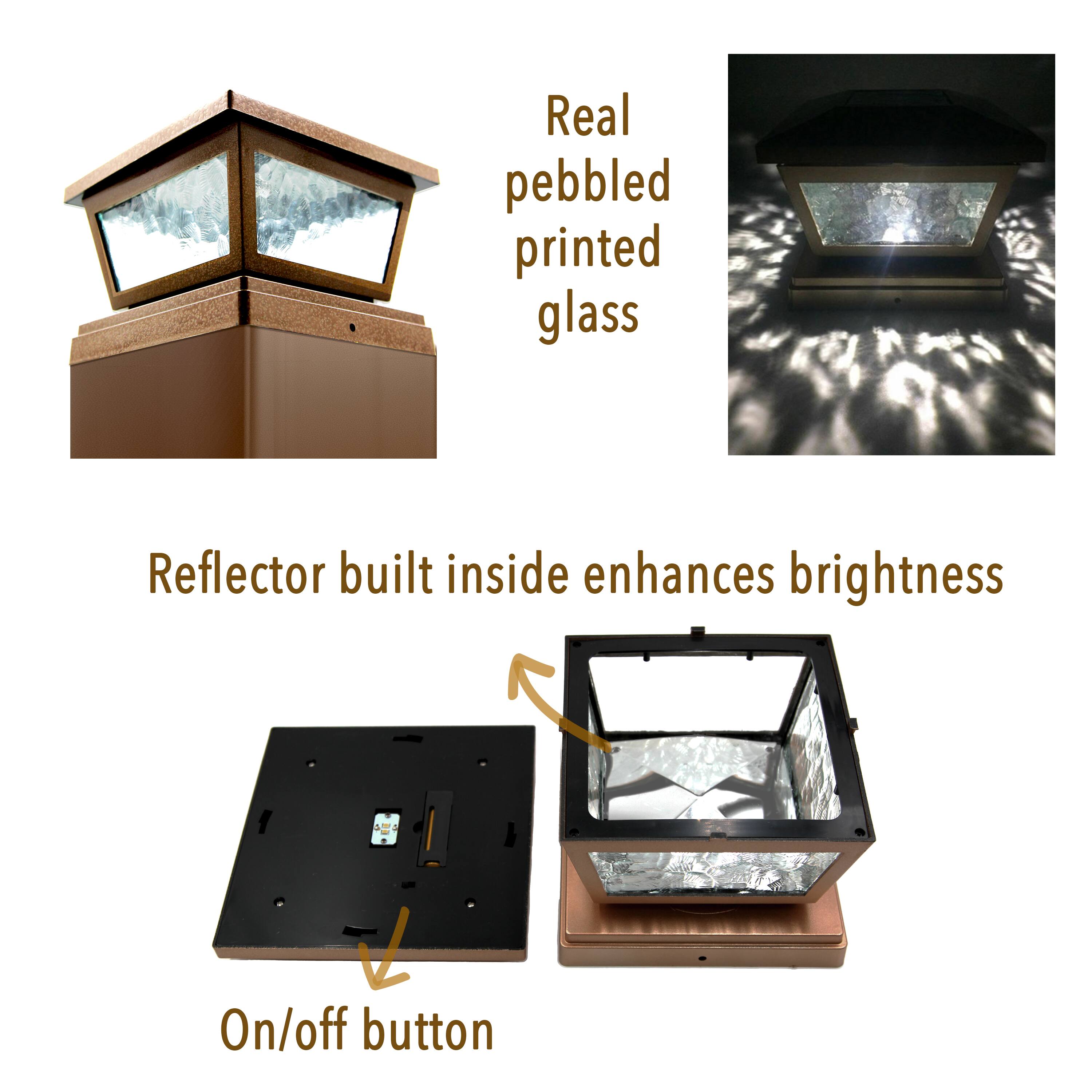 Real pebbled printed glass

Reflector built inside enhances brightness

On/off button