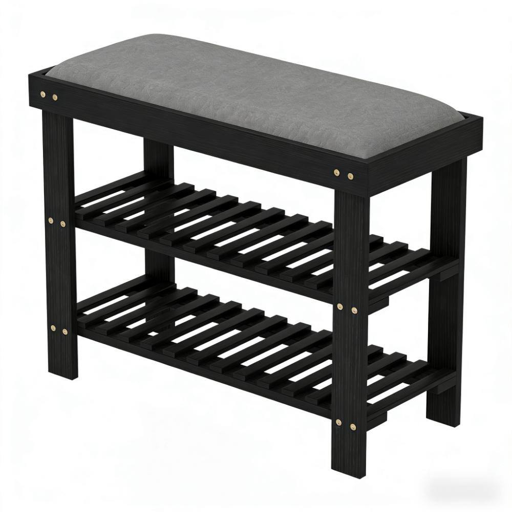Angle. Whisen - 3-Tier Entryway Shoe Storage Bench, Bamboo Shoe Organizer with Cushioned Seat - Black.