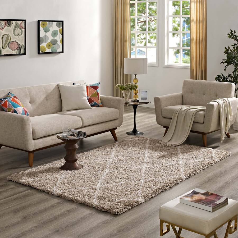 Modway Toryn Diamond Lattice Shag Area Rug Beige and Ivory R-1144F-58 ...