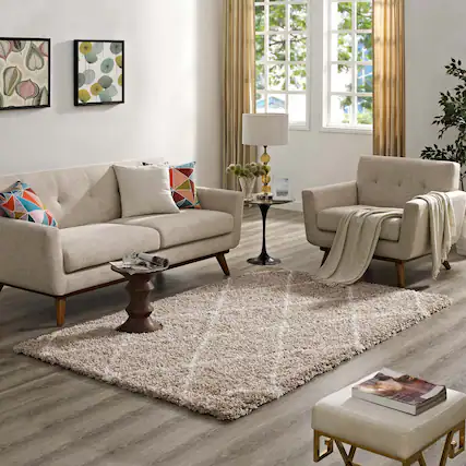 Front. Modway - Toryn Diamond Lattice Shag Area Rug - Beige and Ivory.