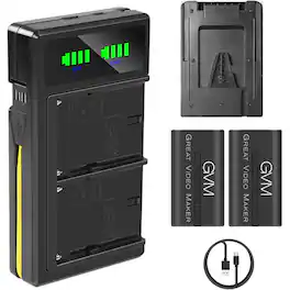 GVM - 2x NP-F970 7.2V 47.52Wh 6600mAh Lithium-Ion Batteries with Dual Charger and V-Mount Adapter